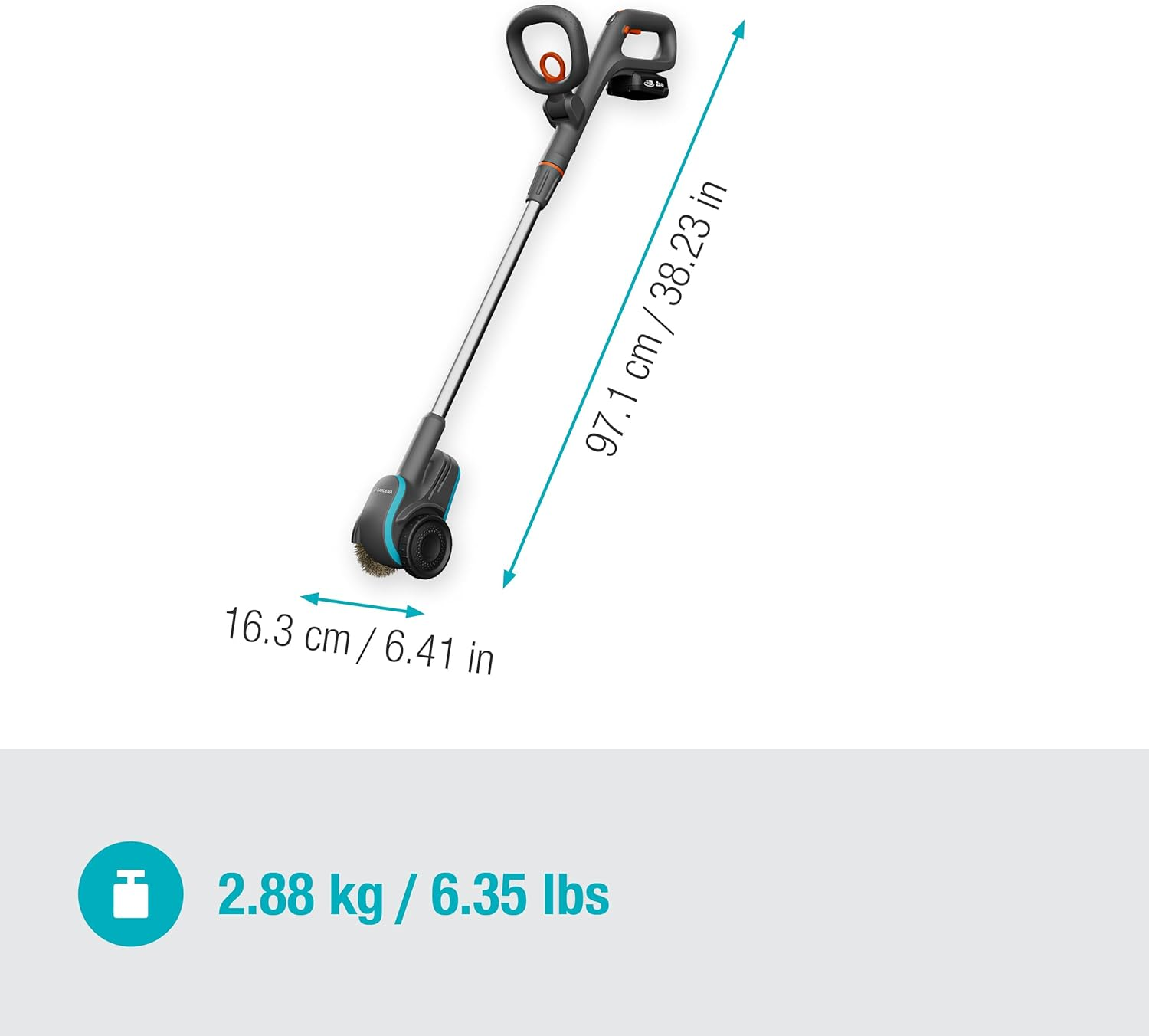 A black and orange weed trimmer. Measurements of length and width are visible.