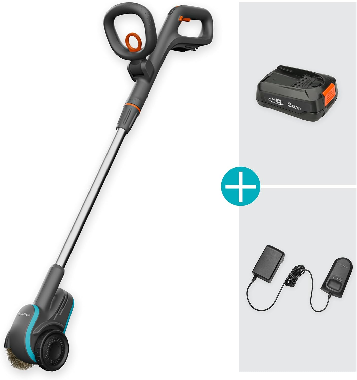 Black and gray garden brush tool, battery pack, and chargers. It is white background.