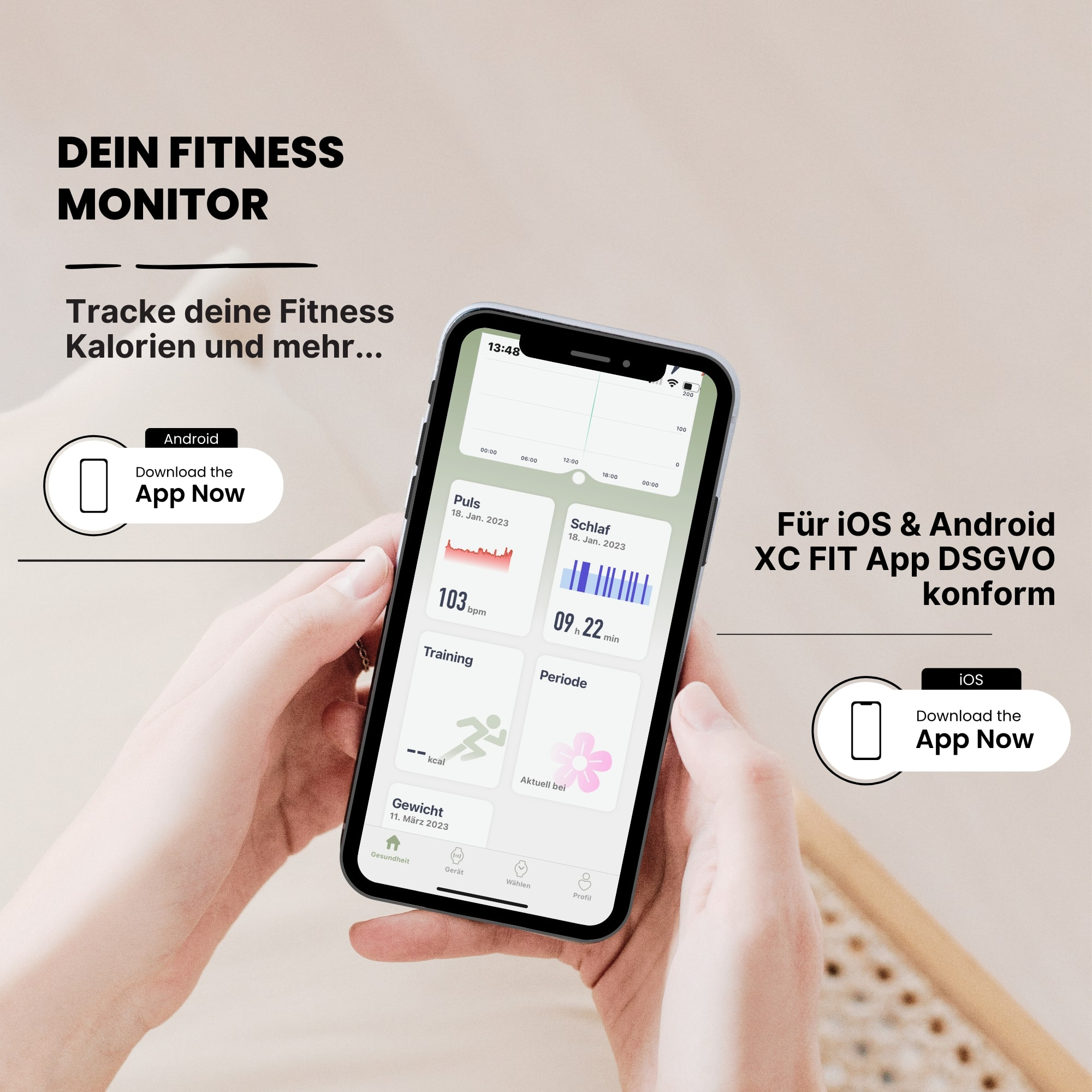 Person hält Telefon mit Fitness-App-Oberfläche.