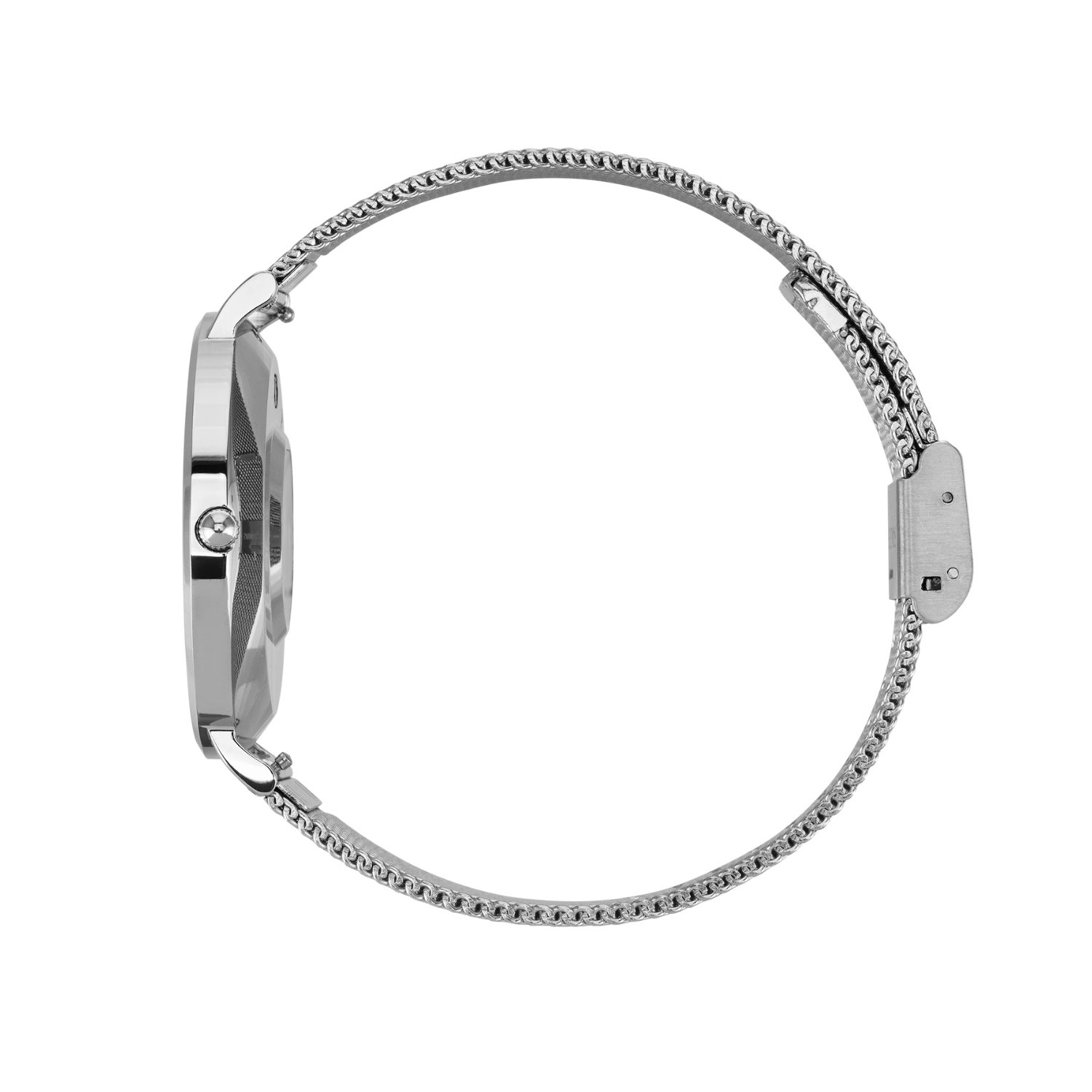 Silberne Uhr mit Milanaise-Armband. Das Zifferblatt ist silberfarben mit schwarzem Ziffernblatt.