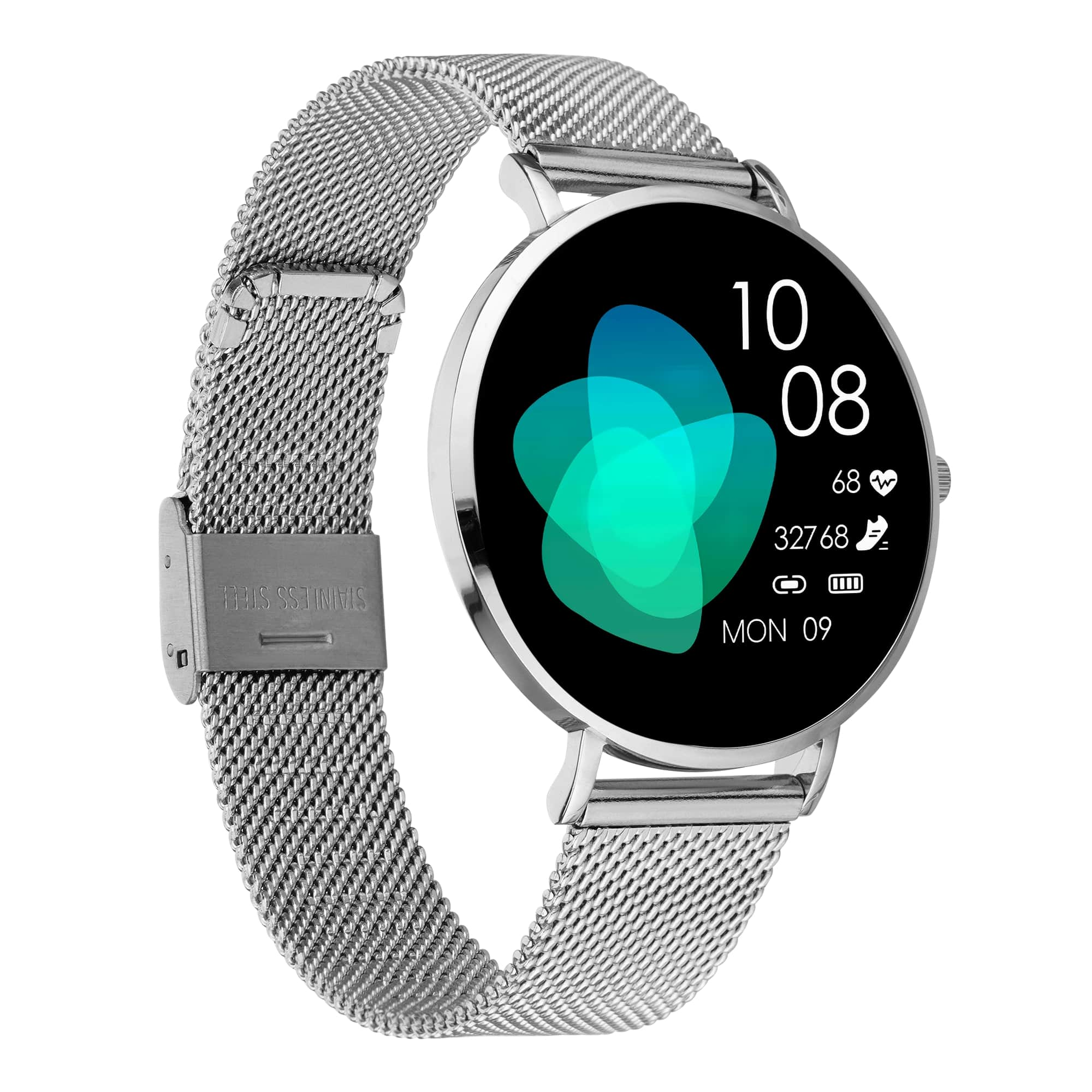 Silberne Smartwatch mit Mesh-Armband. Das Display zeigt Zeit, Herzfrequenz und Akku.
