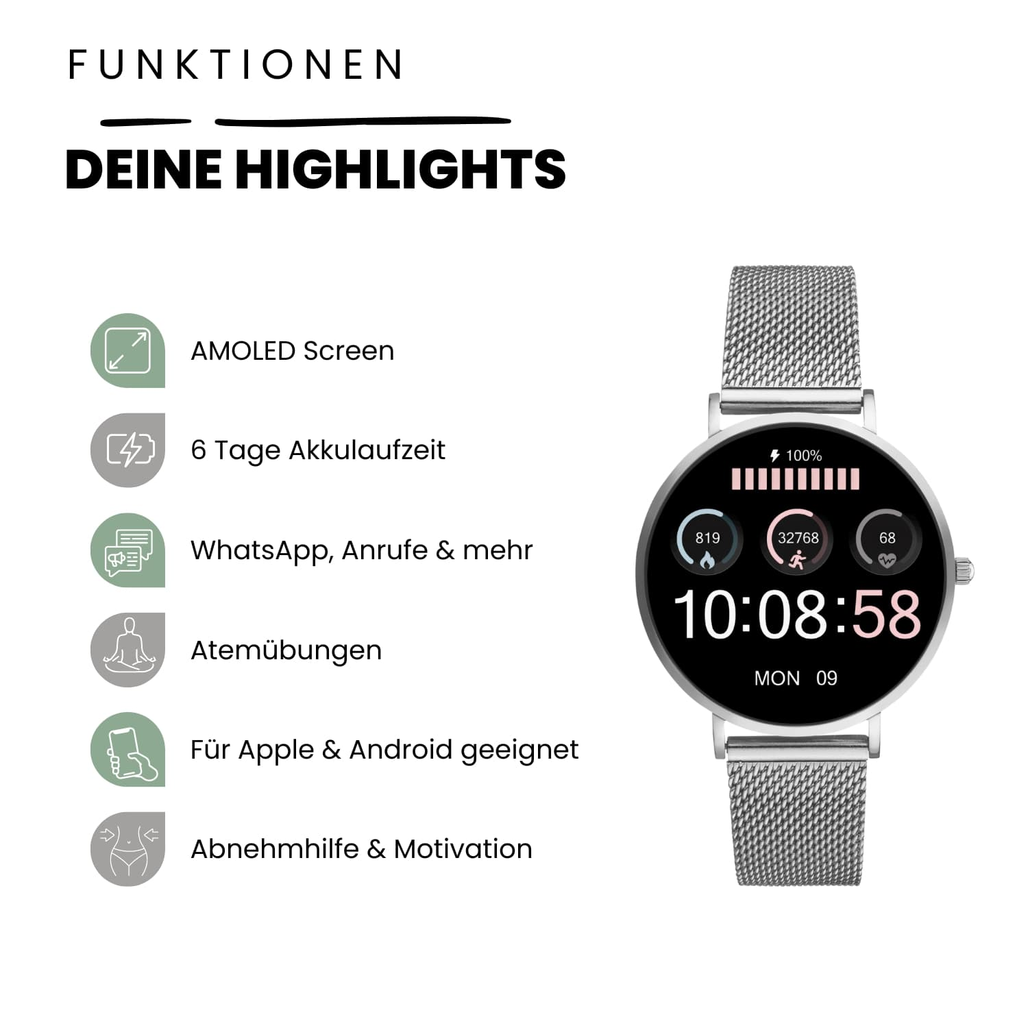 Smartwatch mit rundem schwarzem Display, silbernem Armband und verschiedenen Symbolen.