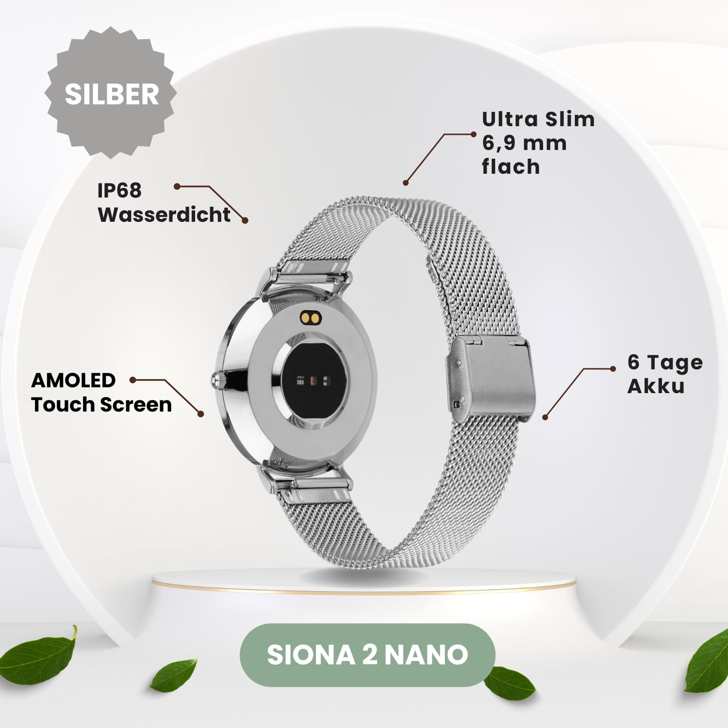 Silberne Smartwatch mit silbernem Armband. Die Uhr zeigt 'SIONA 2 NANO' mit Text über Funktionen.