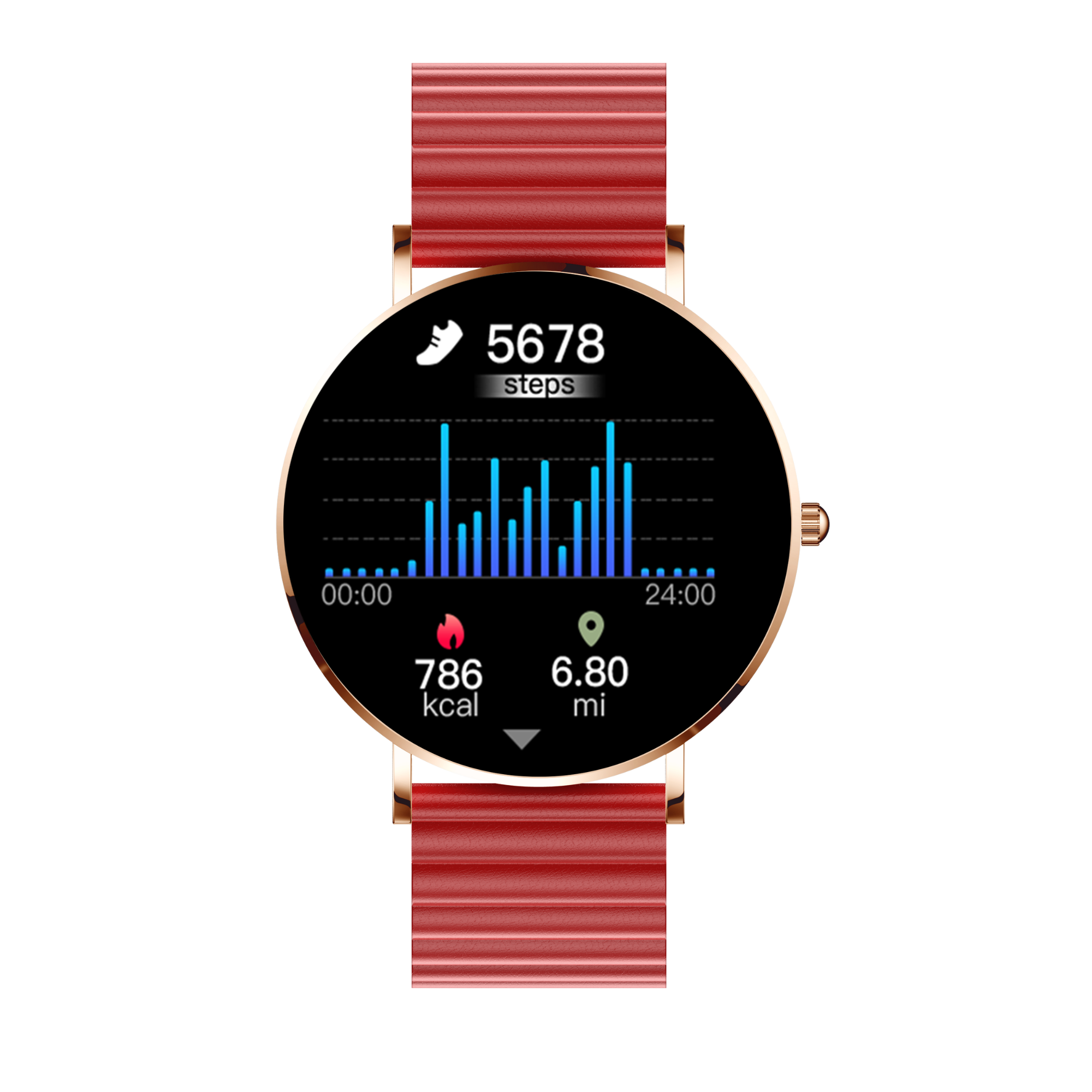 Smartwatch con cinturino rosso che mostra passi, calorie e distanza. Sfondo nero.