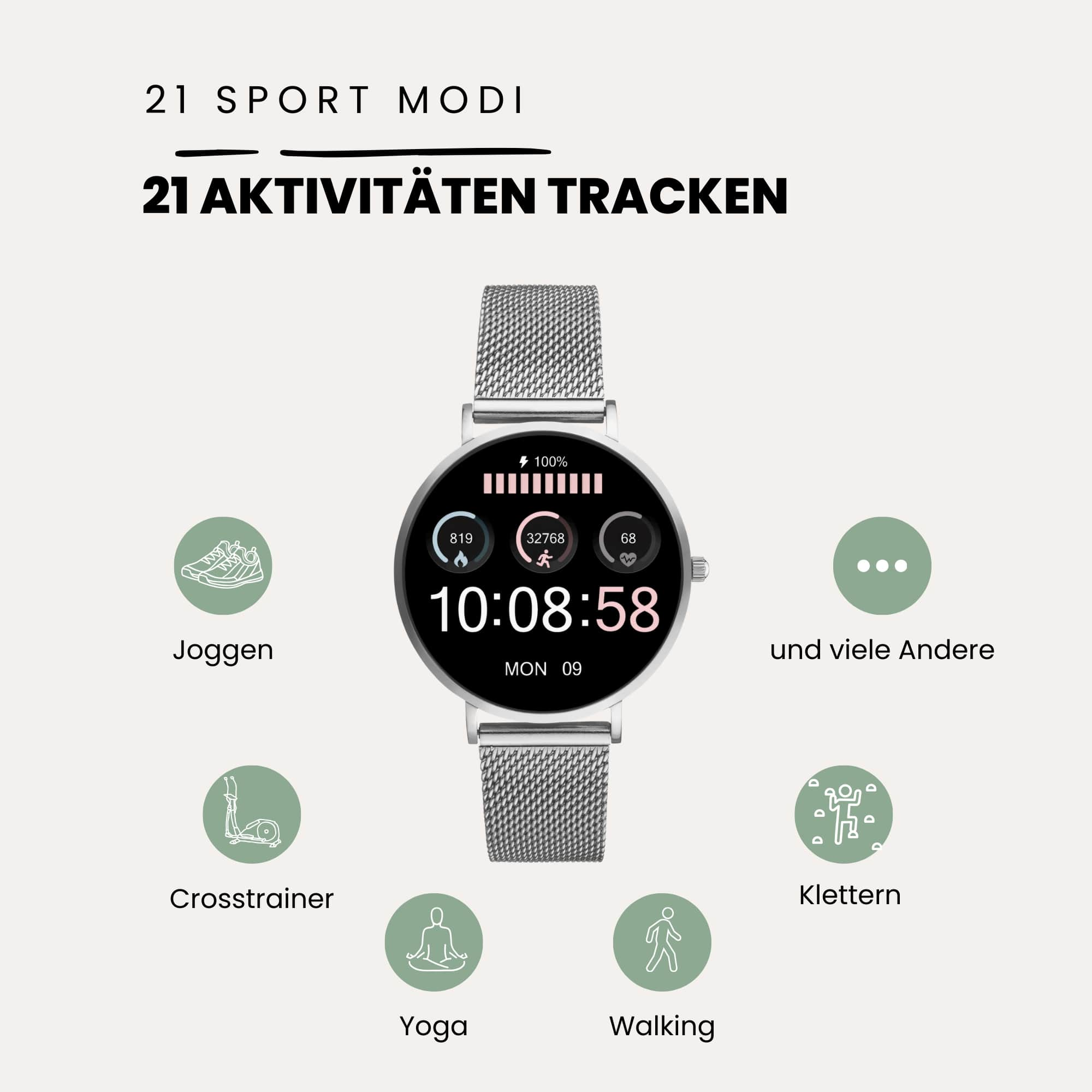 Smartwatch, das Zeit- und Aktivitätsverfolgungsdetails anzeigt. Verschiedene Aktivitätssymbole werden angezeigt.