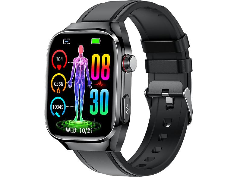 INF Smartwatch mit EKG, Herzfrequenz, Blutdruck, Schla Smartwatch Glas, Metall Kunstleder, Schwarz