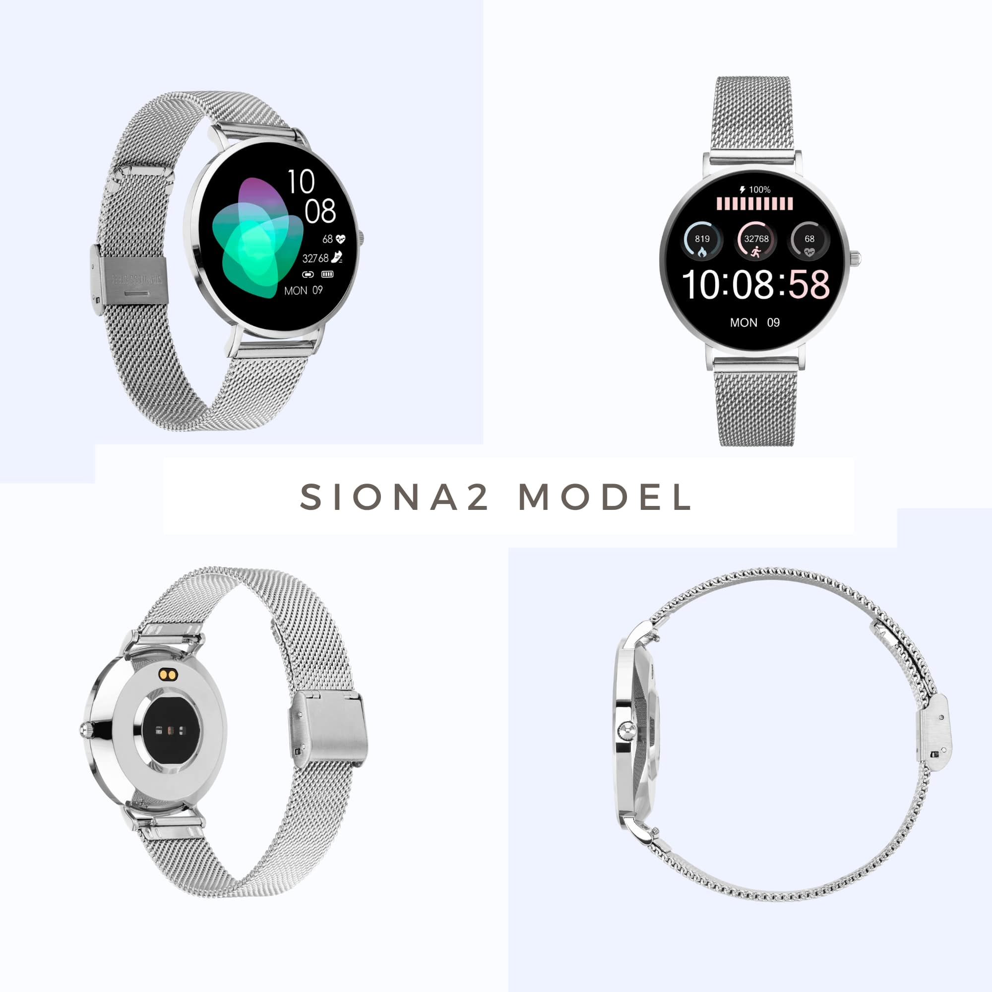Vier Ansichten einer silbernen Smartwatch mit Mesh-Armband, die Zeit und Fitnessdaten anzeigt.