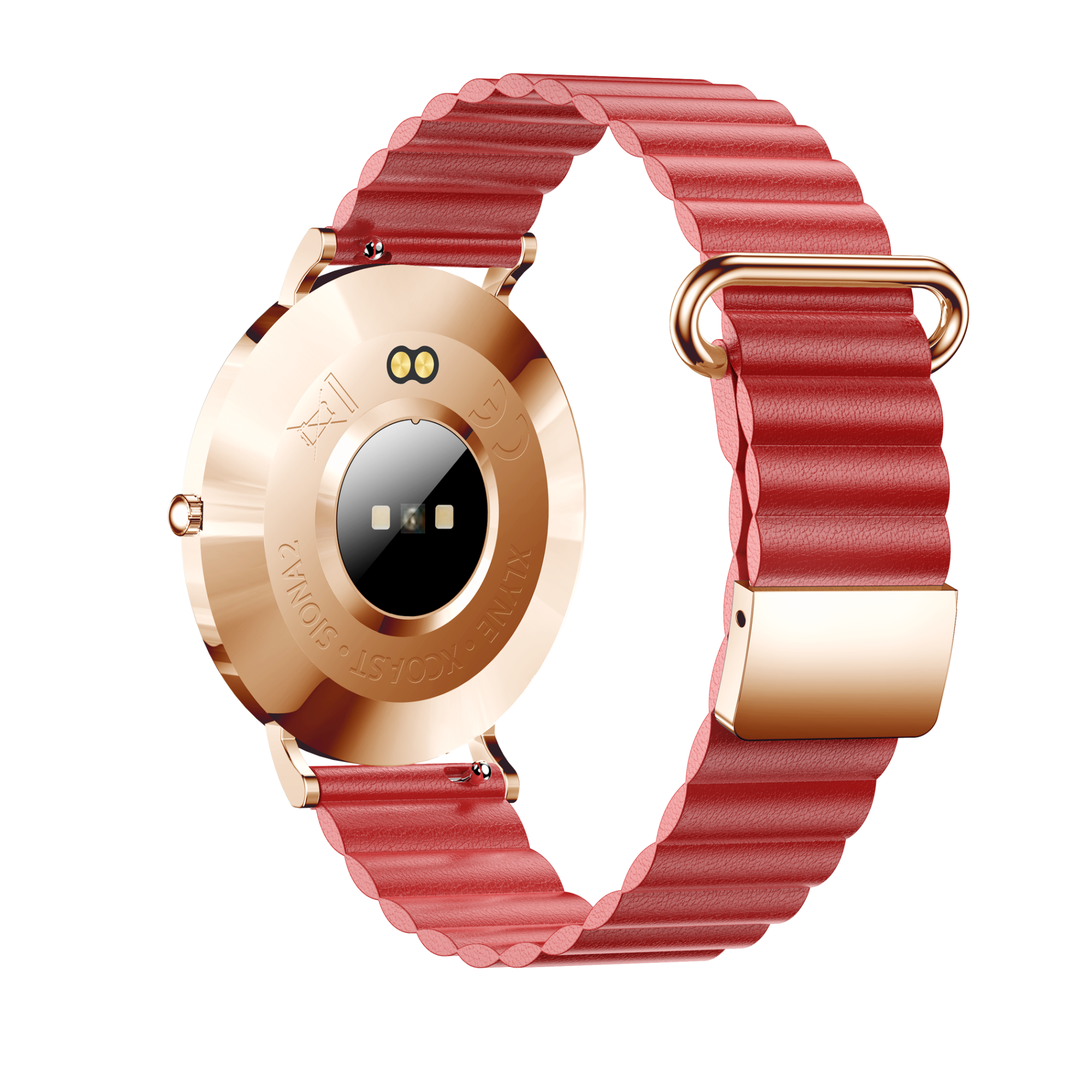 Smartwatch color oro con cinturino in pelle rossa. Viene mostrato il retro dell'orologio.