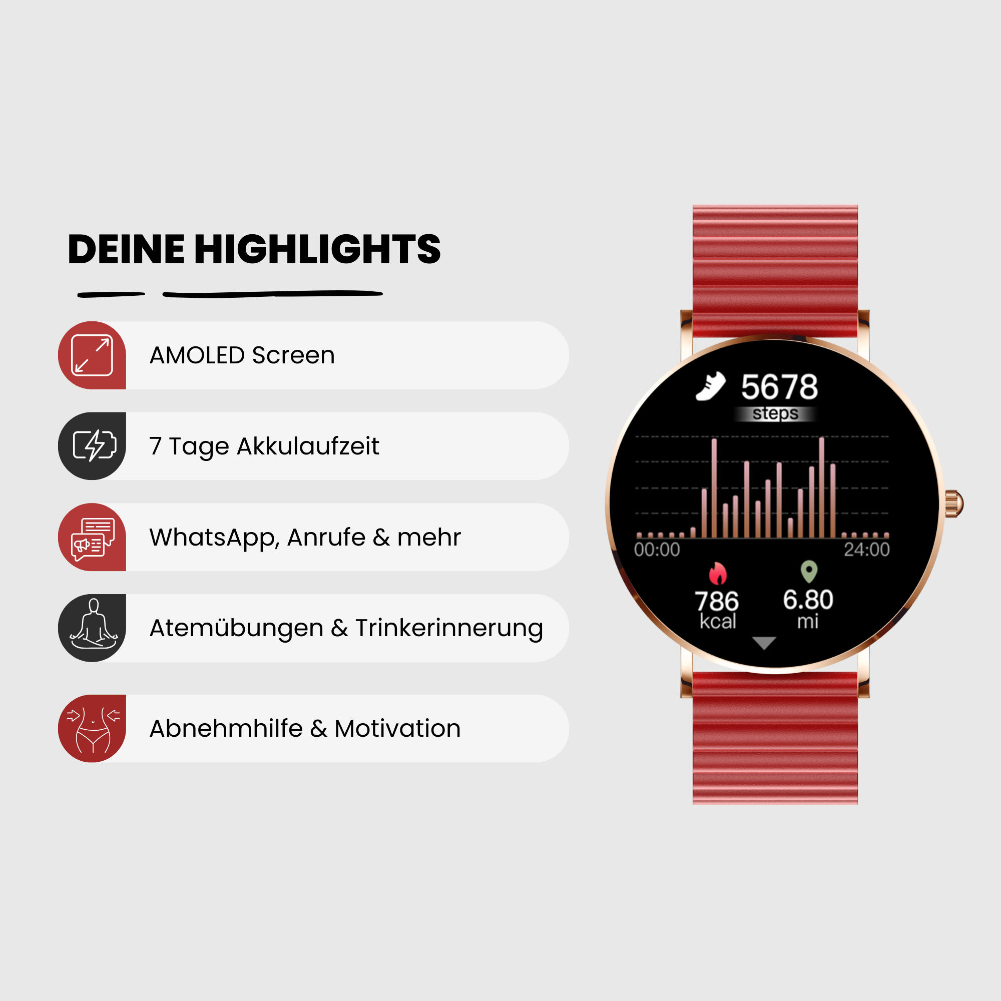 Uno smartwatch rosso e oro con cinturino rosso che mostra il conteggio dei passi e altre metriche di fitness.