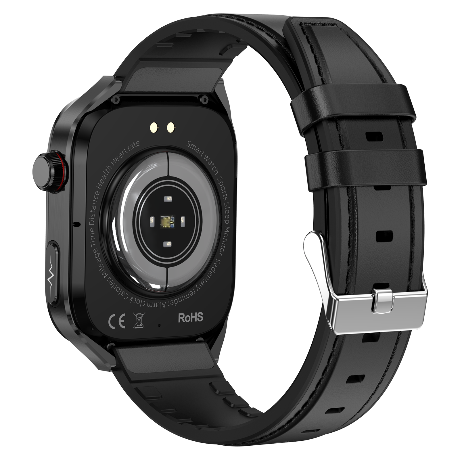 Schwarze Smartwatch, mit der Rückseite nach oben, zeigt die Sensor- und Banddetails.