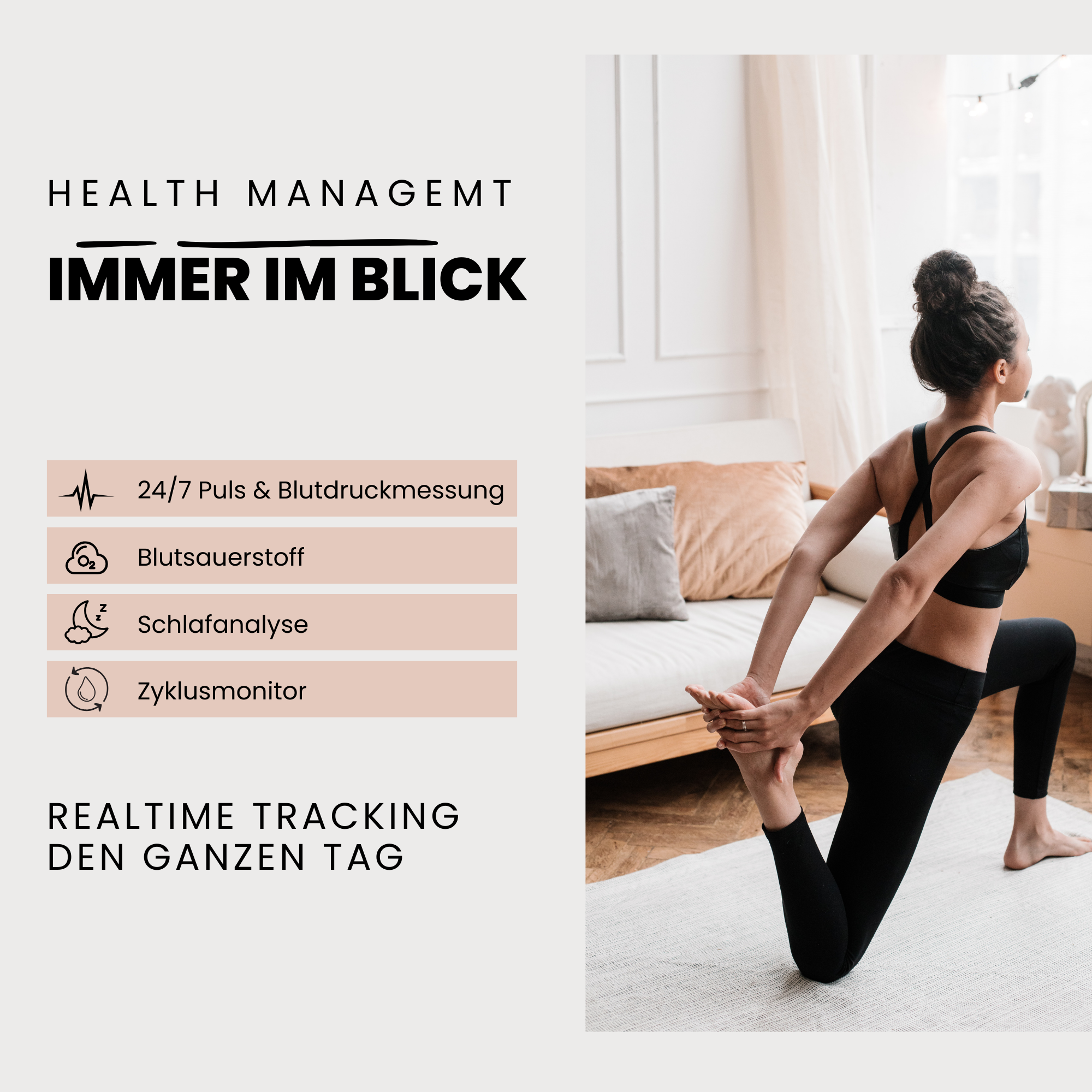 Frau in Yoga-Pose, mit Text über Gesundheitsmanagement und -verfolgung. Der Hintergrund ist ein Raum.