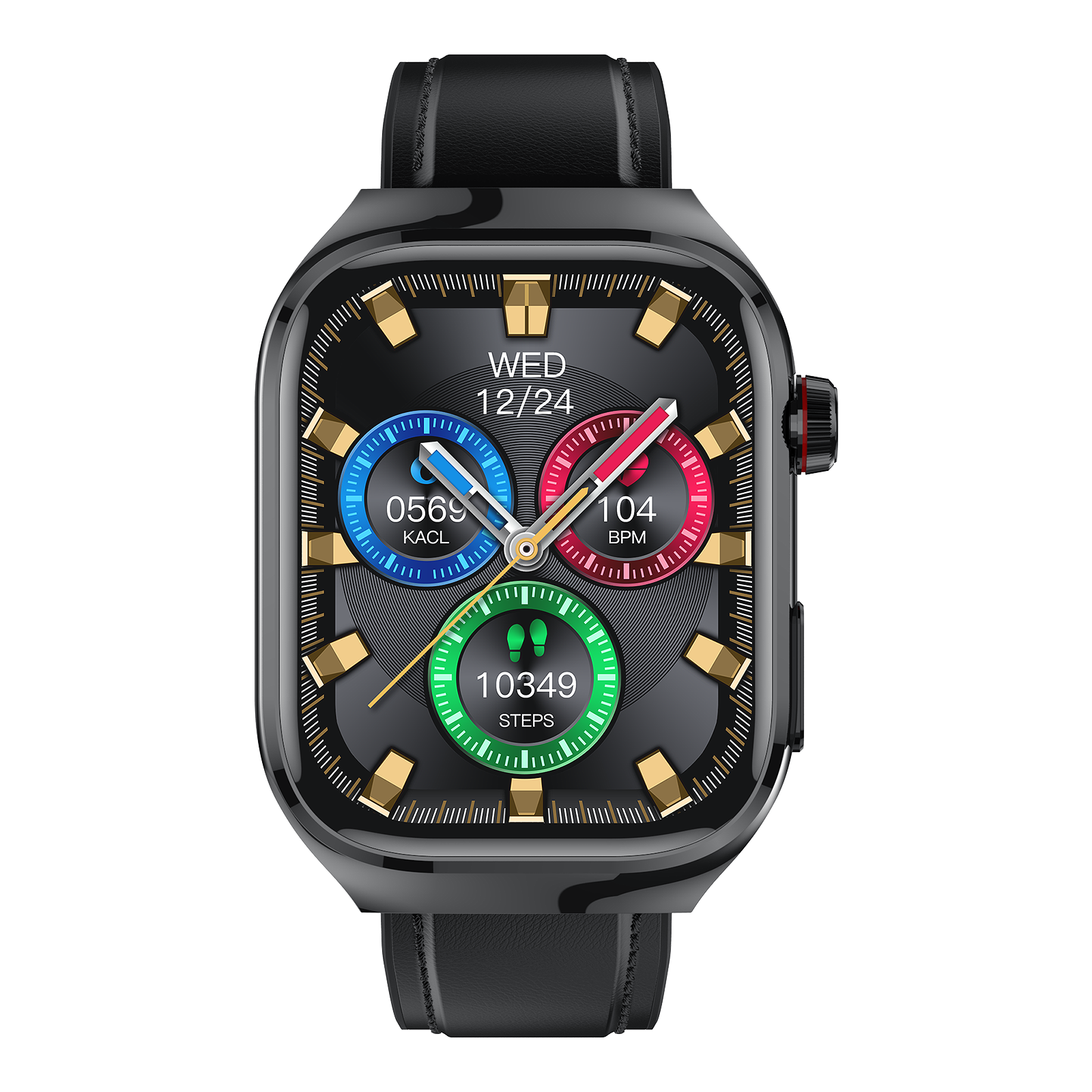 Schwarze Smartwatch mit farbigem Display, das Zeit, Schritte und Herzfrequenz anzeigt.