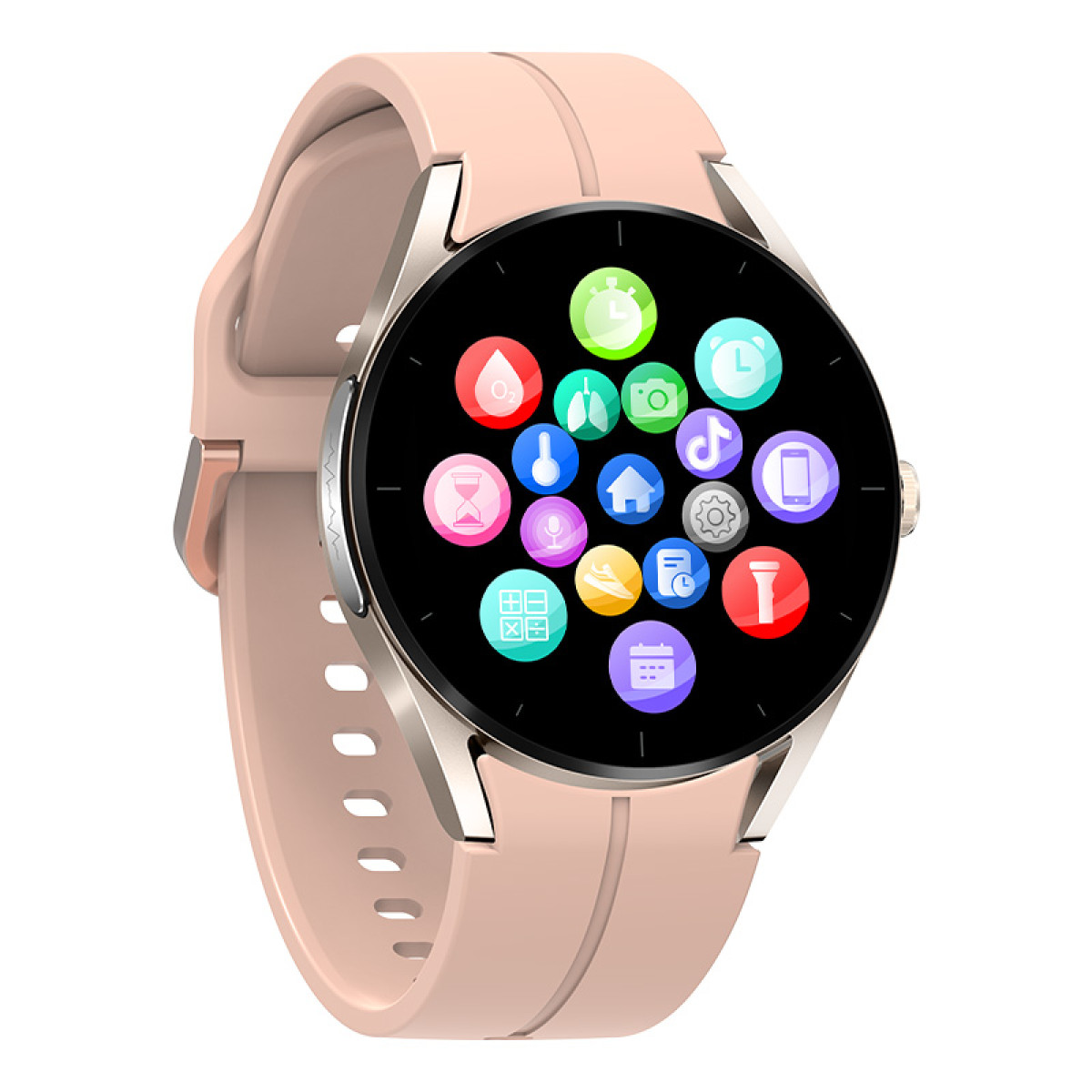 Smartwatch rosa con quadrante nero rotondo con icone. Cinturino rosa. Sfondo bianco.