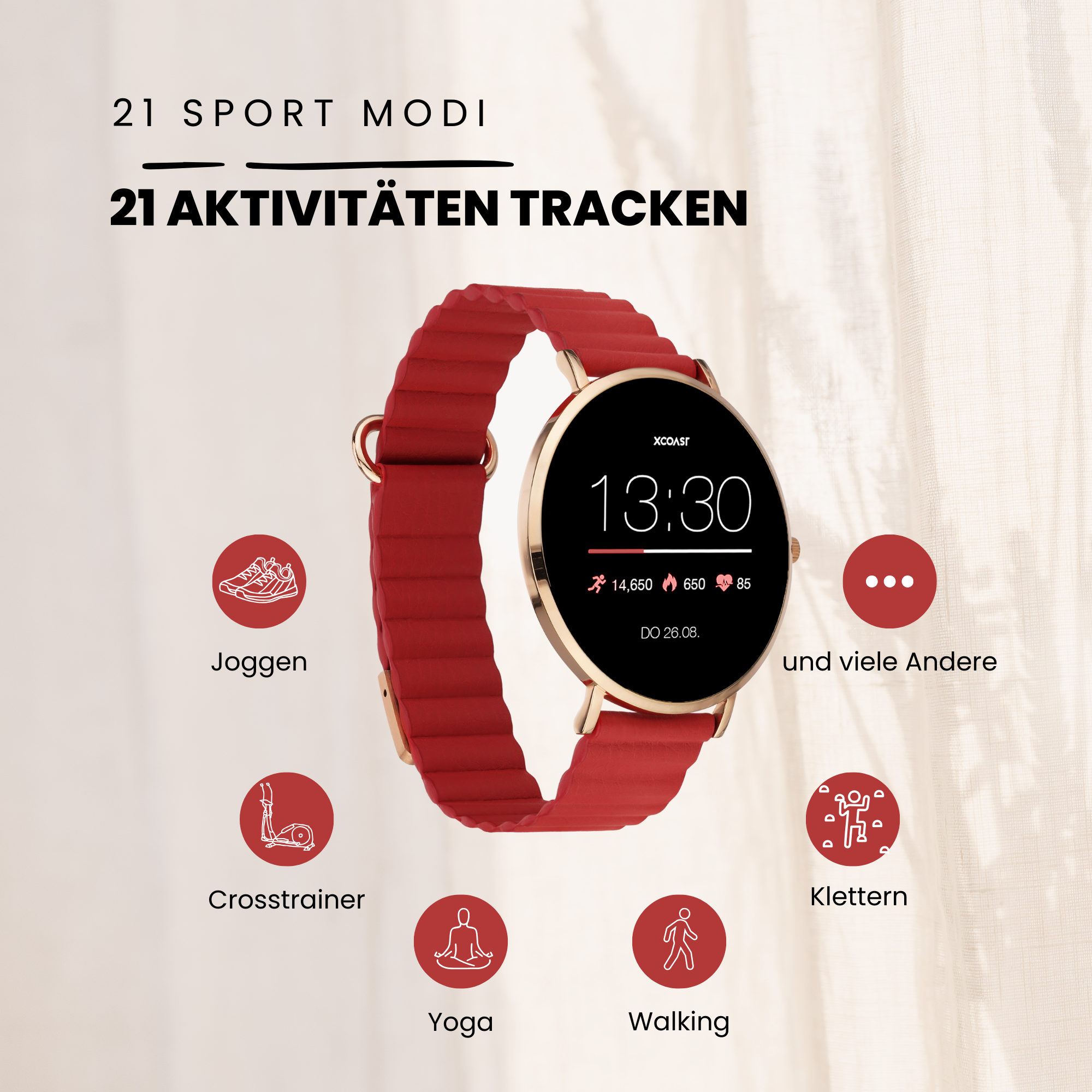 Smartwatch con cinturino rosso circondato da icone di attività e testo in tedesco.