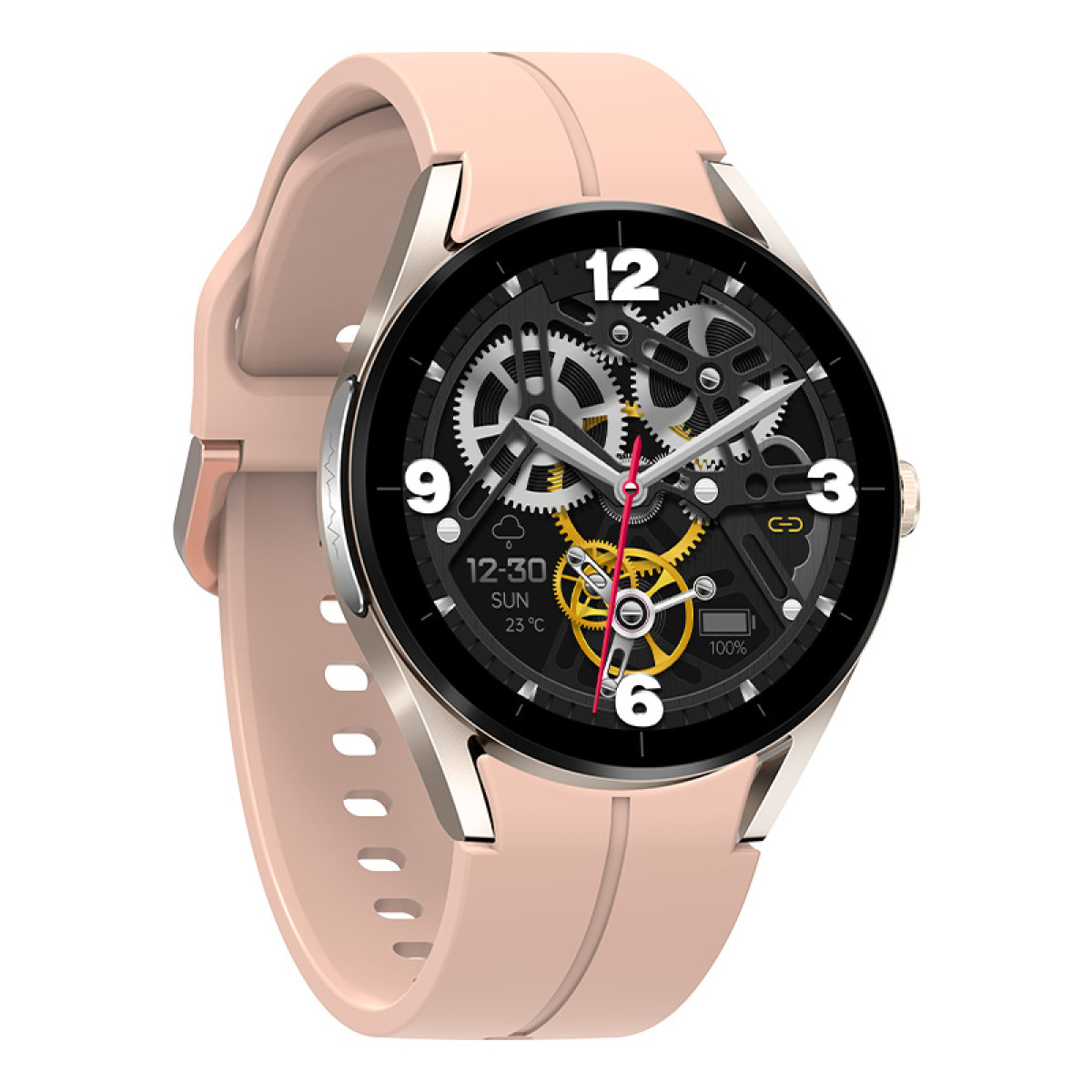 Uno smartwatch rosa con quadrante scheletrato, ingranaggi neri e cornice dorata.
