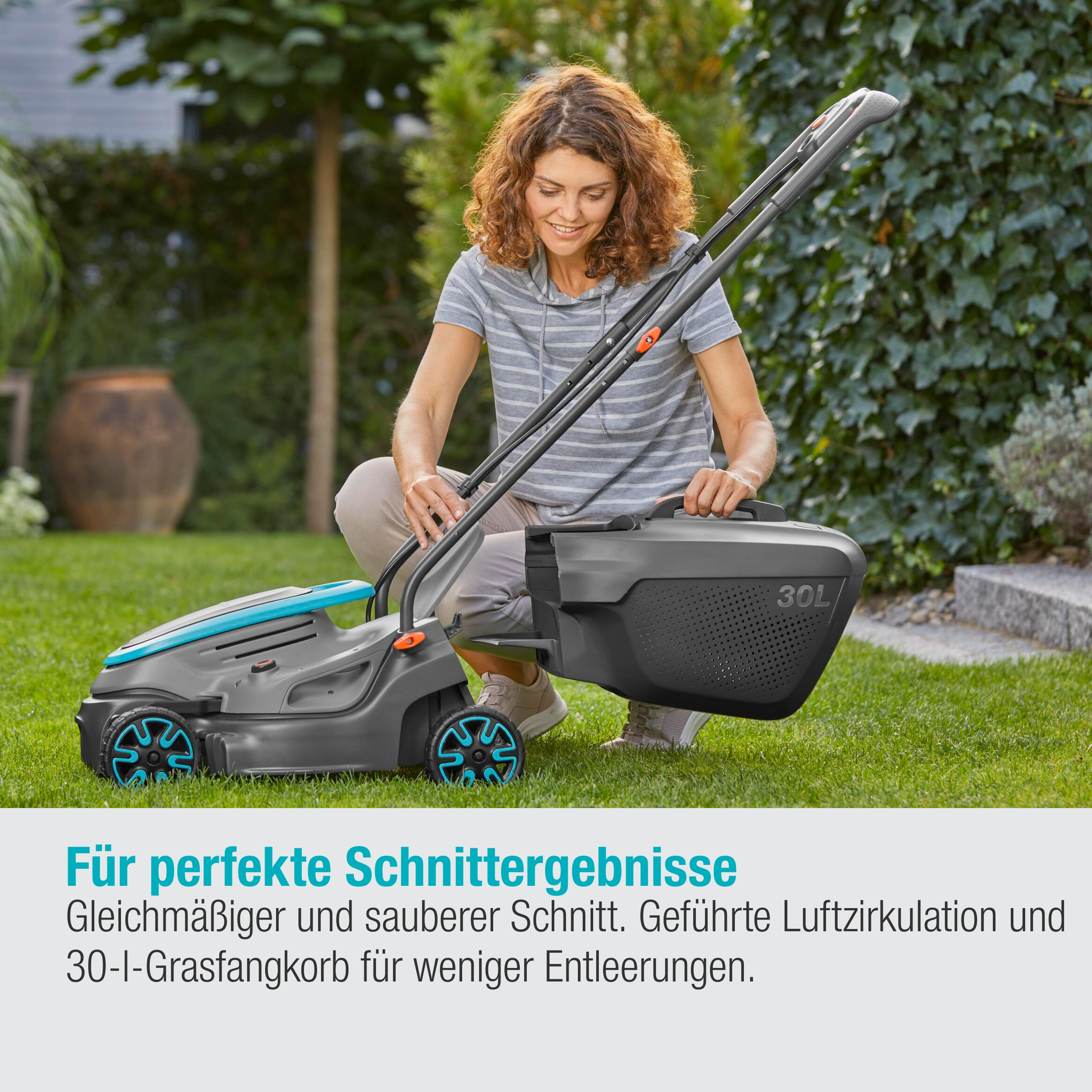 Eine Frau benutzt einen Rasenmäher. Text sagt 'Für perfekte Schnittergebnisse' und beschreibt den Grasfangkorb.