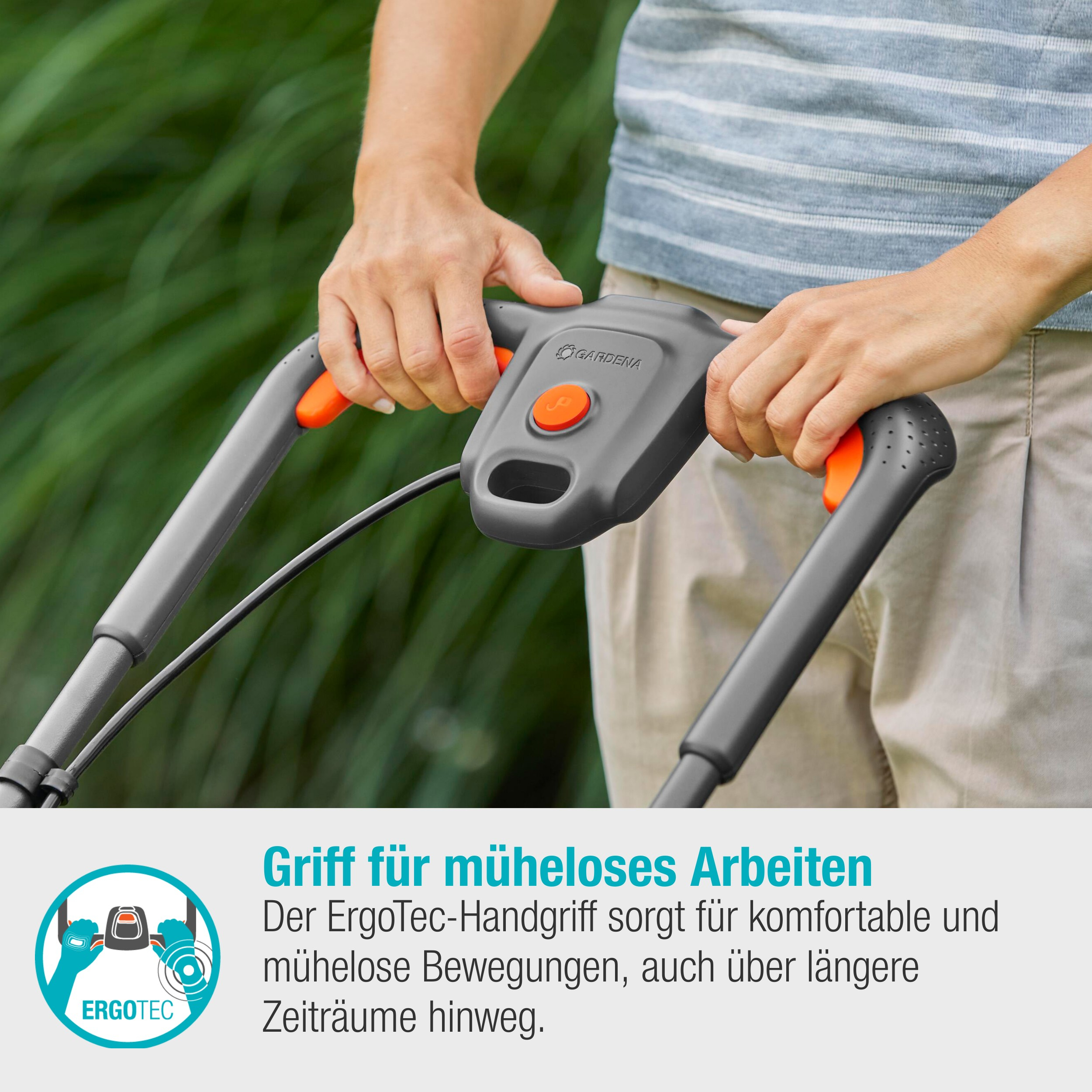 Hände greifen nach grauen Rasenmähergriffen mit orangefarbenen Akzenten vor einem verschwommenen Hintergrund.