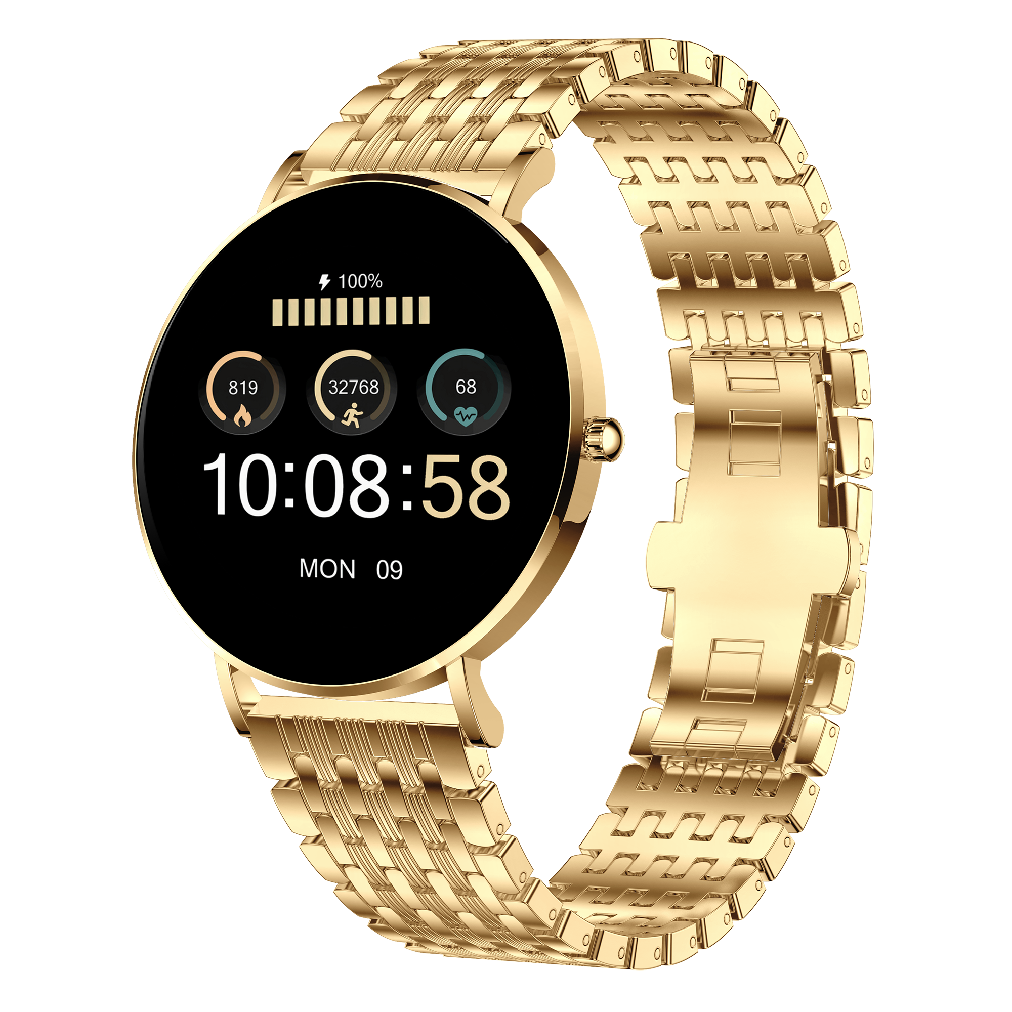 Goldene Smartwatch mit goldenem Armband. Sie zeigt Gesundheitsmetriken auf dem Bildschirm.