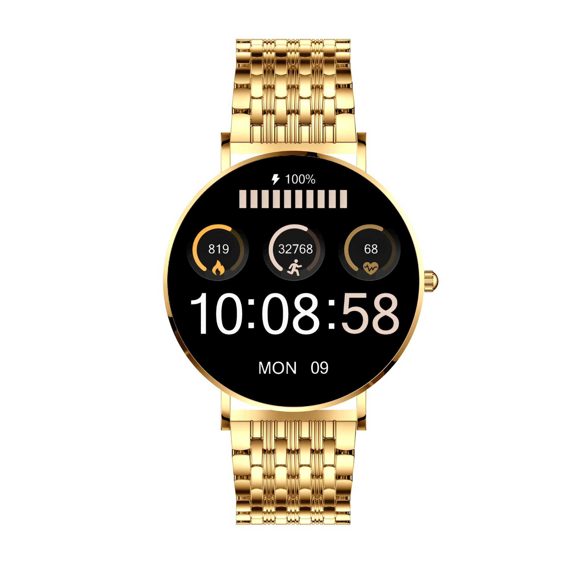 Goldene Smartwatch mit Digitalanzeige, die Zeit, Akku und Gesundheitsdaten anzeigt.