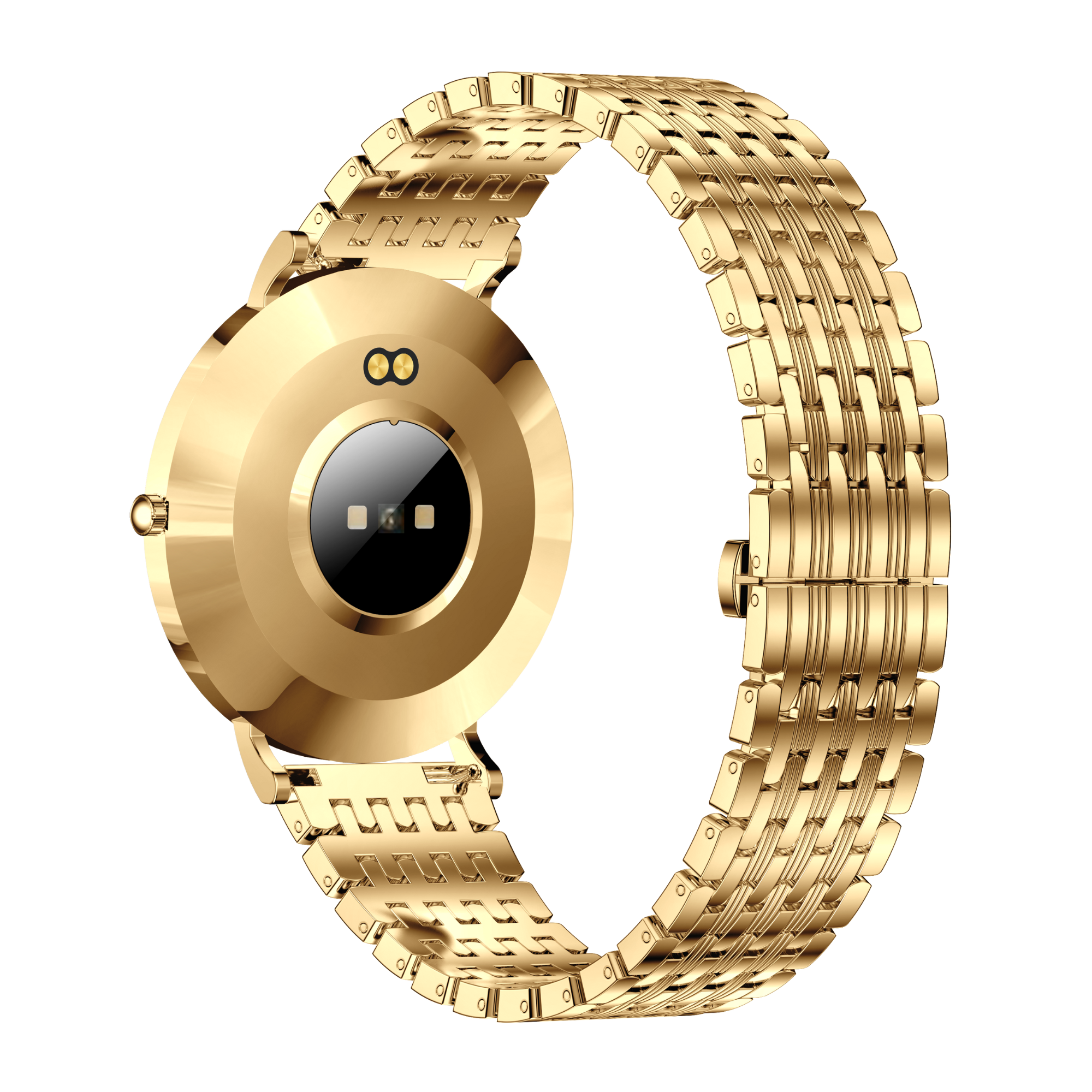 Goldene Smartwatch mit Metallband, schwarzer Rückseite und Herzfrequenzsensor.