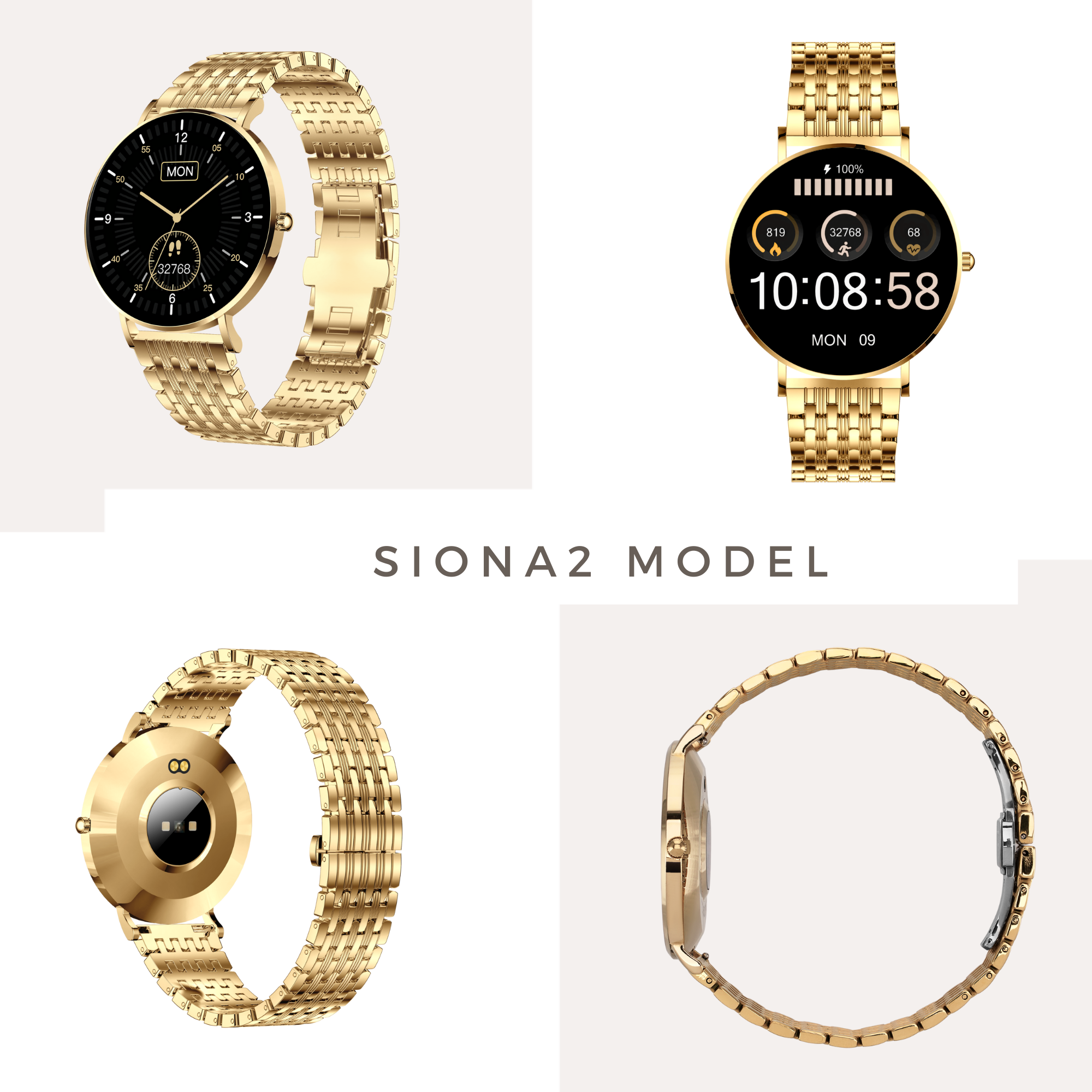 Goldene Smartwatch mit verschiedenen Ansichten, die Zeit, Gesundheitsdaten und Banddetails zeigen. Text: SIONA2 MODEL