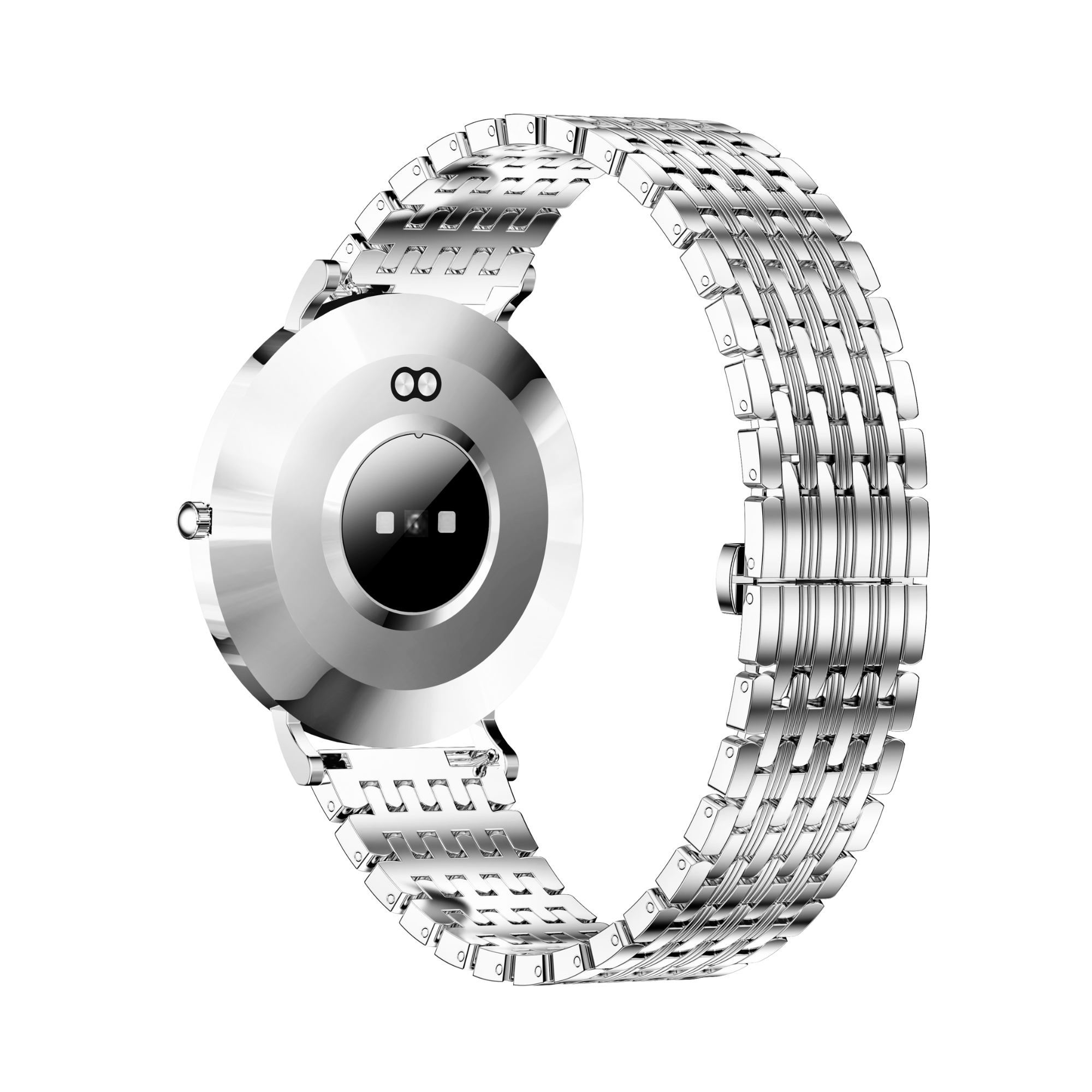 Silberne Smartwatch mit silbernem Armband. Schwarzer Hintergrund. Die Rückseite der Uhr ist sichtbar.