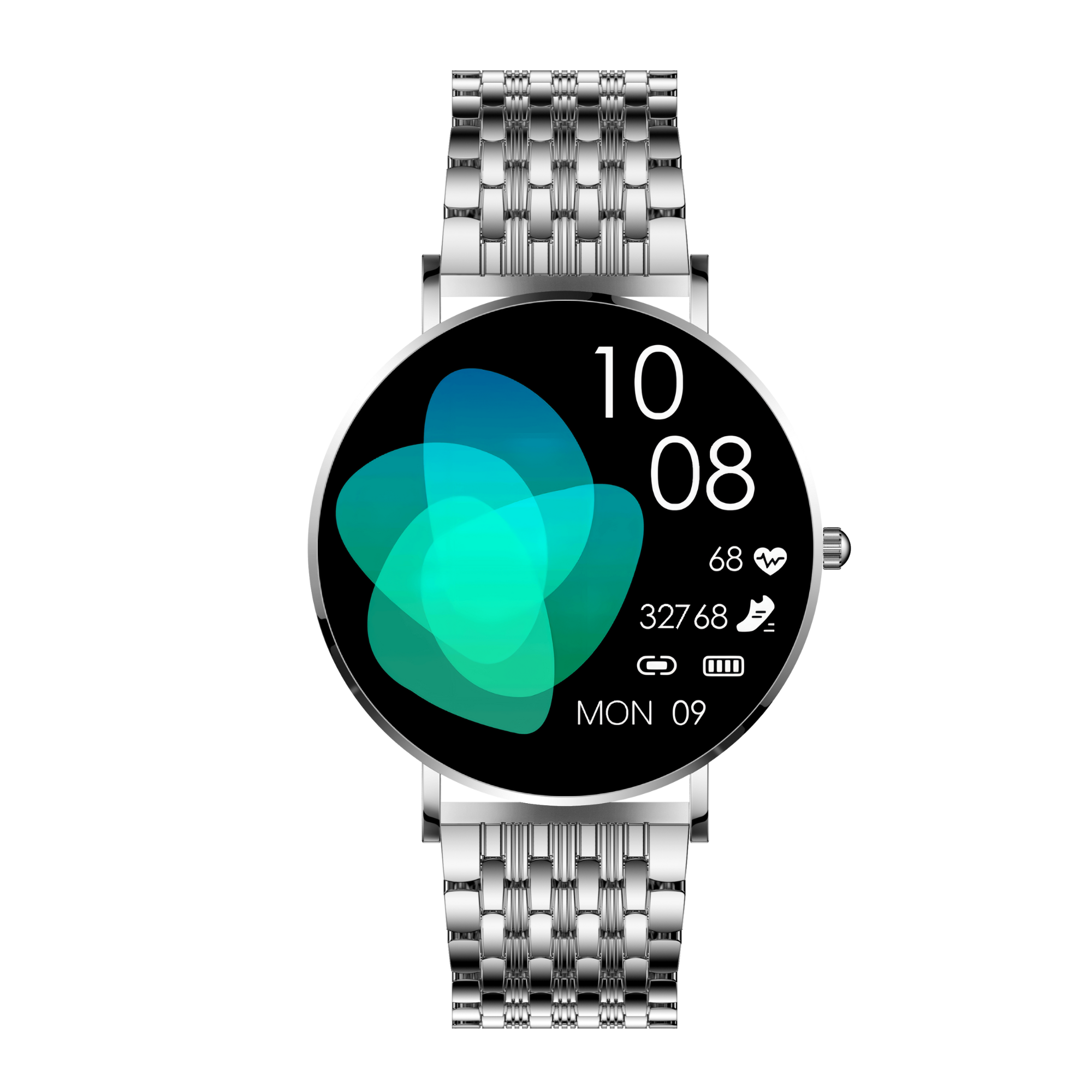 Silberne Smartwatch mit rundem schwarzem Bildschirm, der Zeit, Herzfrequenz und Akkulaufzeit anzeigt. Schwarzer Hintergrund.