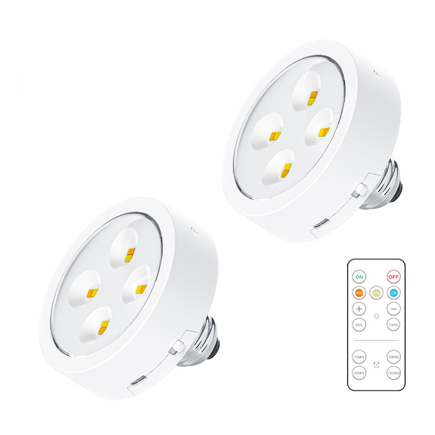 Zwei weiße LED-Leuchten mit Fernbedienung. Jede Leuchte hat 4 LEDs.
