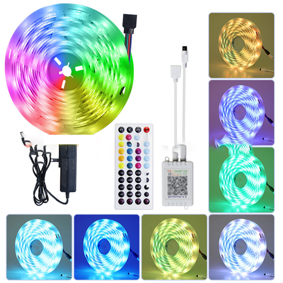 Zestaw kolorowych listw LED, różne komponenty i pilot na białej powierzchni.