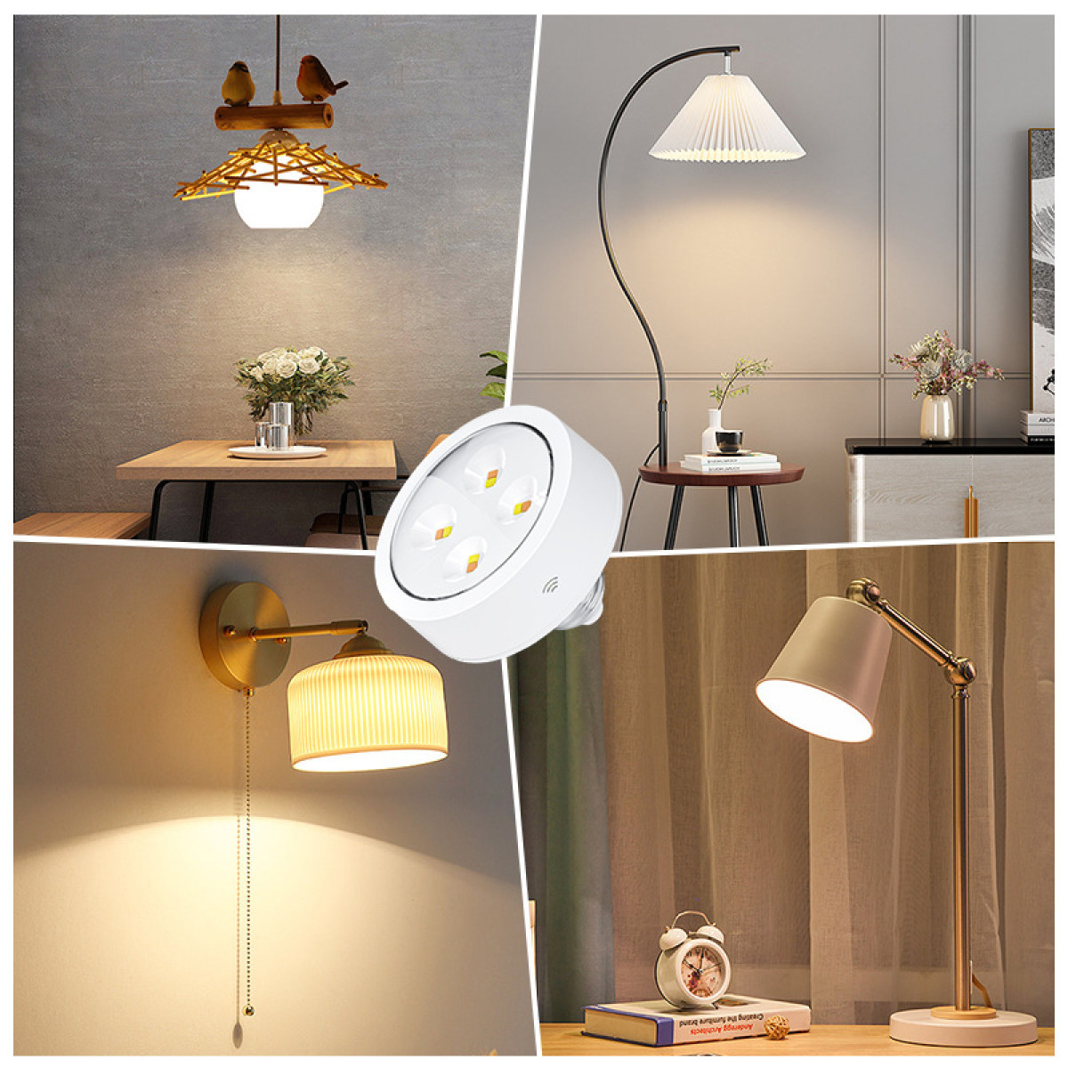 Vier Lampen, verschiedene Designs. Tisch- und Wandleuchten. Eine Lampe mit LED-Licht.