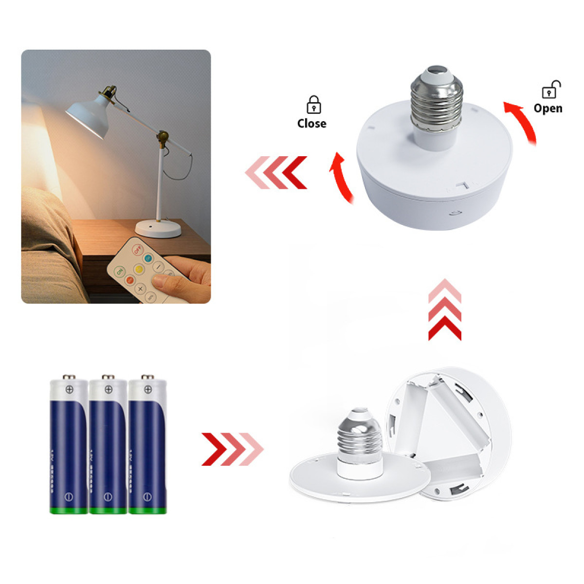 Diagramm mit Lampe, Fernbedienung und Batterien. Pfeile zeigen Montageschritte. Weißer Hintergrund.