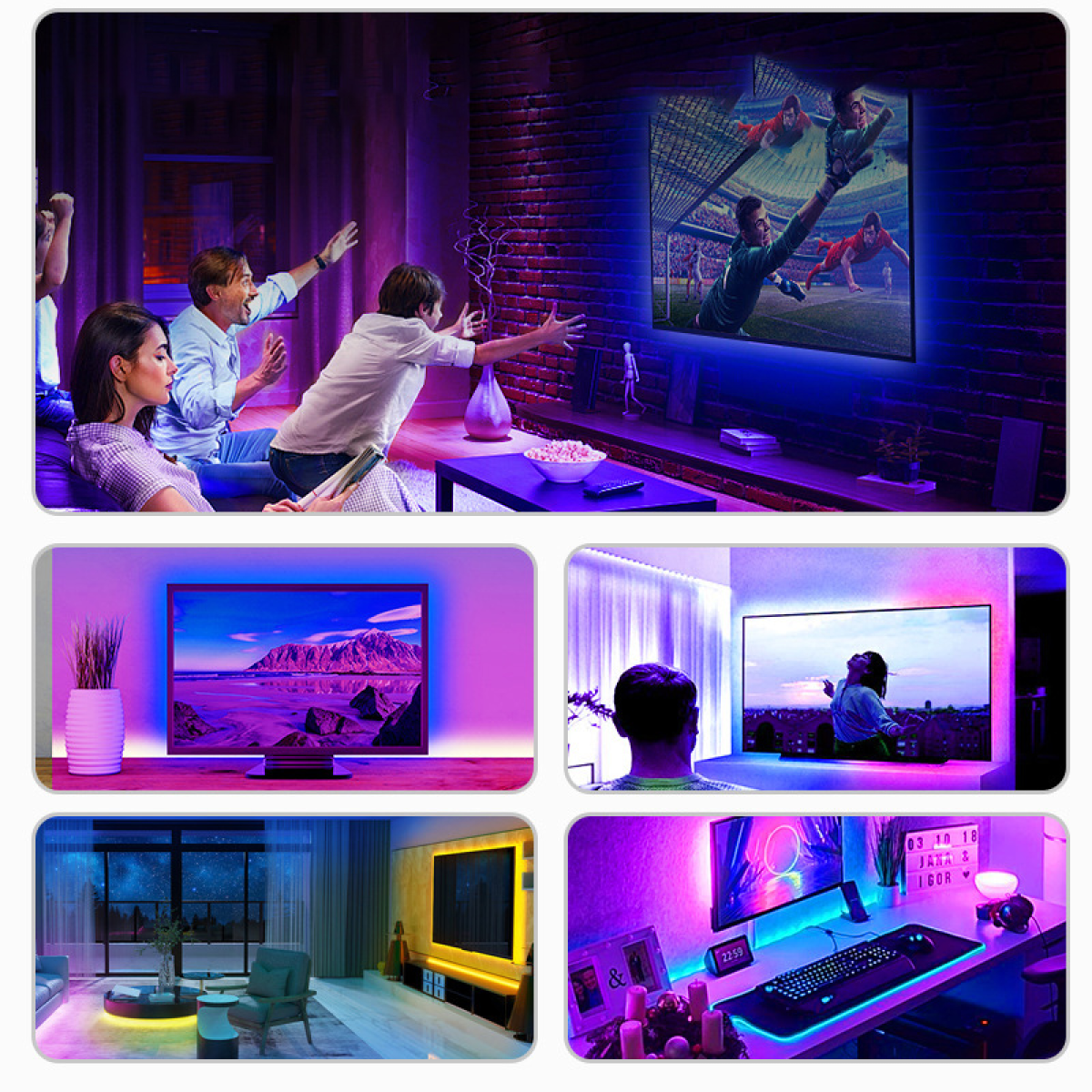 Kolaż zdjęć z telewizorami i ludźmi. Wyświetlacze obejmują telewizory z kolorowymi światłami i oglądających ludzi.