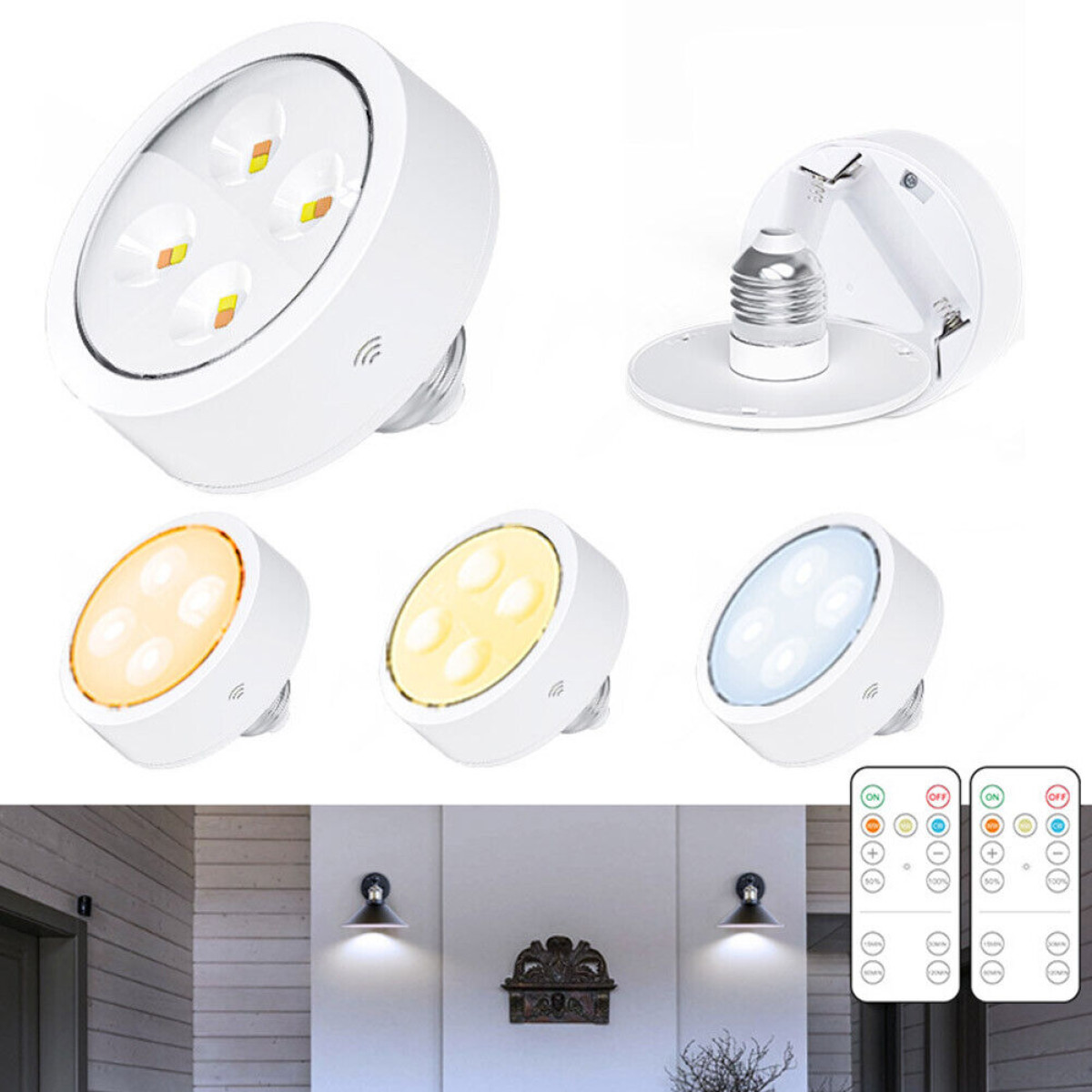 Weiße LED-Strahler mit verschiedenen Farbtemperaturen, Fernbedienungen und Außenszene mit eingeschalteten Lichtern.