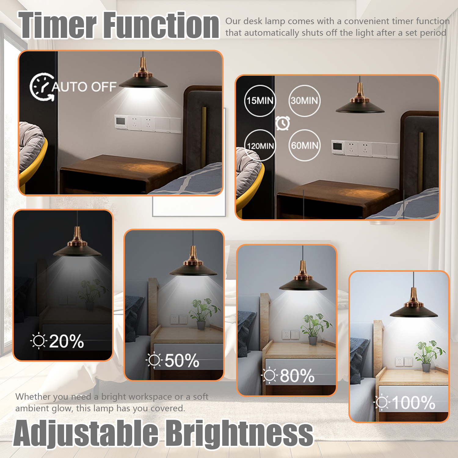 Ein Bild, das eine Lampe mit einstellbarer Helligkeit und Timerfunktion zeigt. Die Lampe ist schwarz mit Goldakzent.