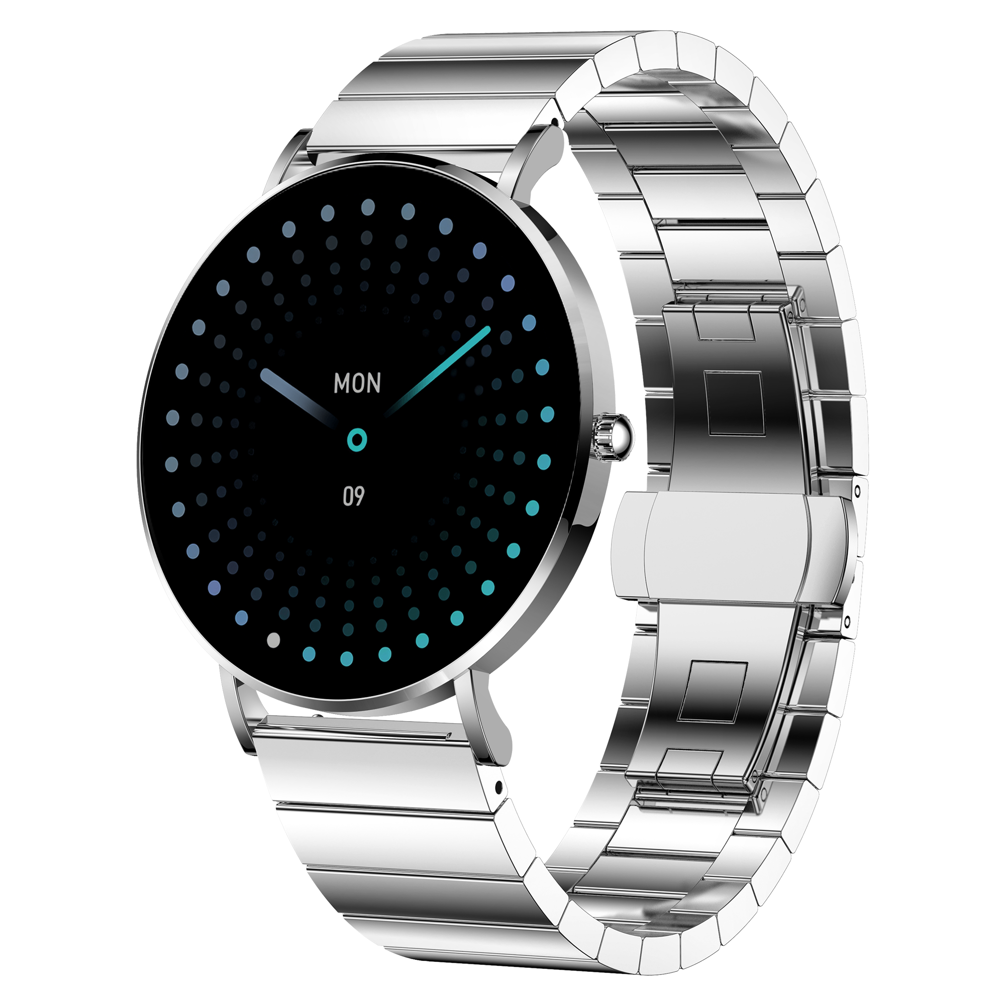 Eine silberne Smartwatch mit schwarzem Bildschirm, der Datum und Uhrzeit anzeigt, und einem silbernen Metallband.