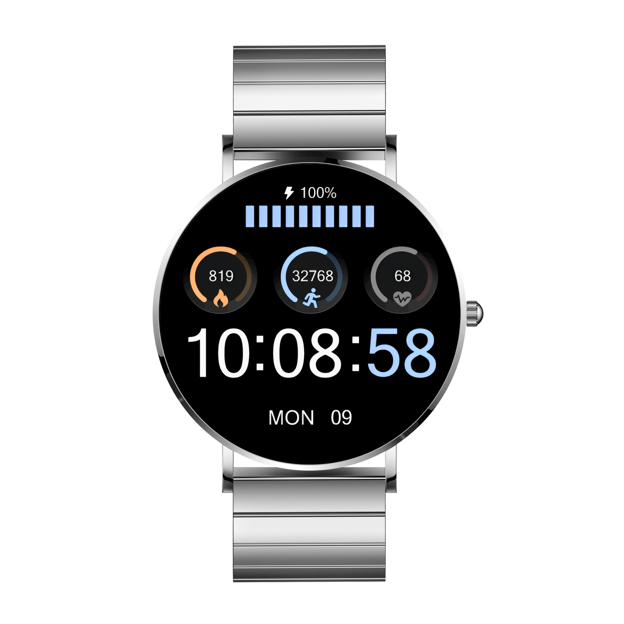 Eine digitale Smartwatch zeigt die Uhrzeit, Schritte, Herzfrequenz und den Akkustand auf einem schwarzen Bildschirm.