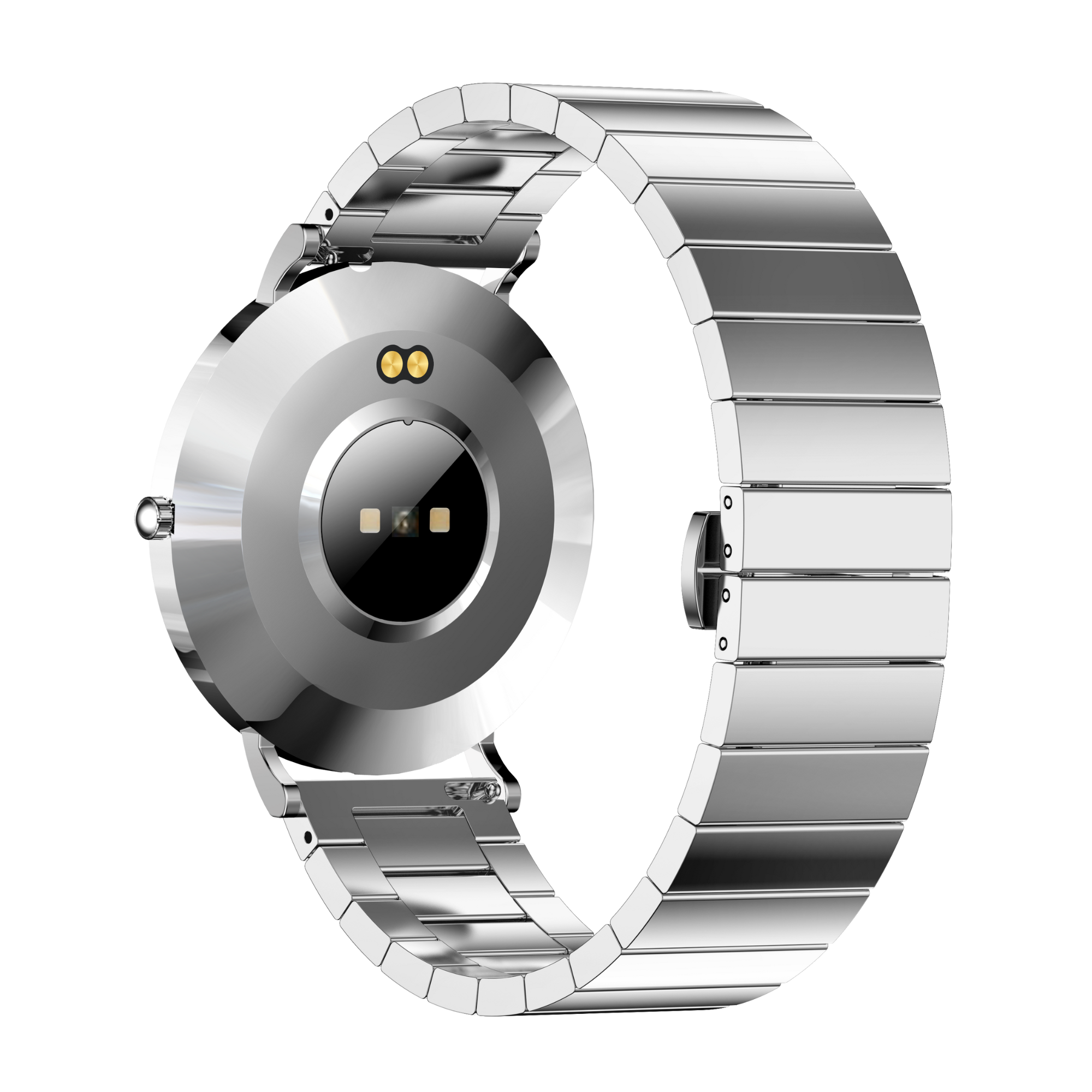 Silberne Smartwatch mit Armband. Rückseite mit Sensoren und Goldkontakten. Metallband mit vielen Gliedern.