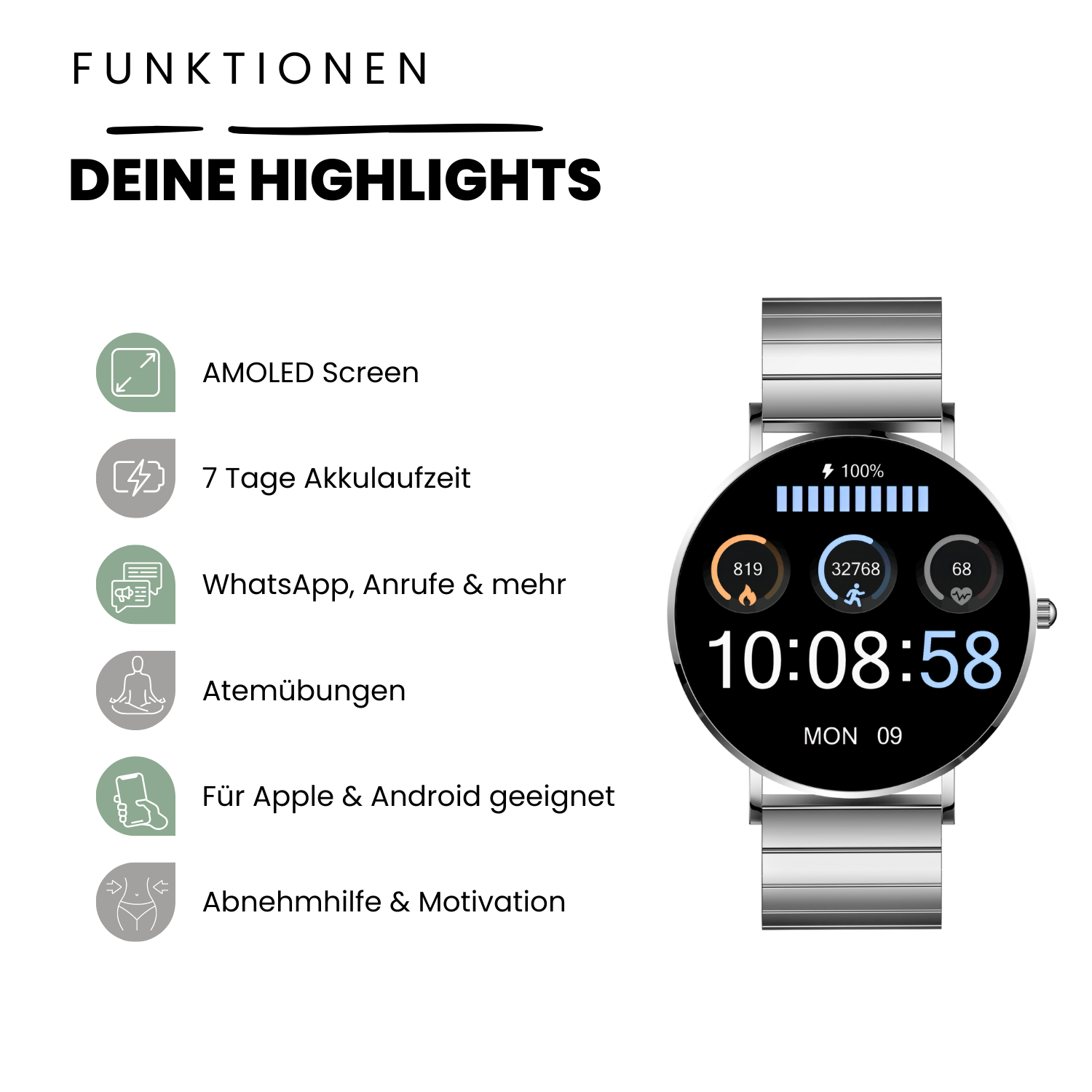Smartwatch mit Digitalanzeige, die Zeit, Statistiken und Akkulaufzeit anzeigt. Hat Symbole und ein Edelstahlarmband.