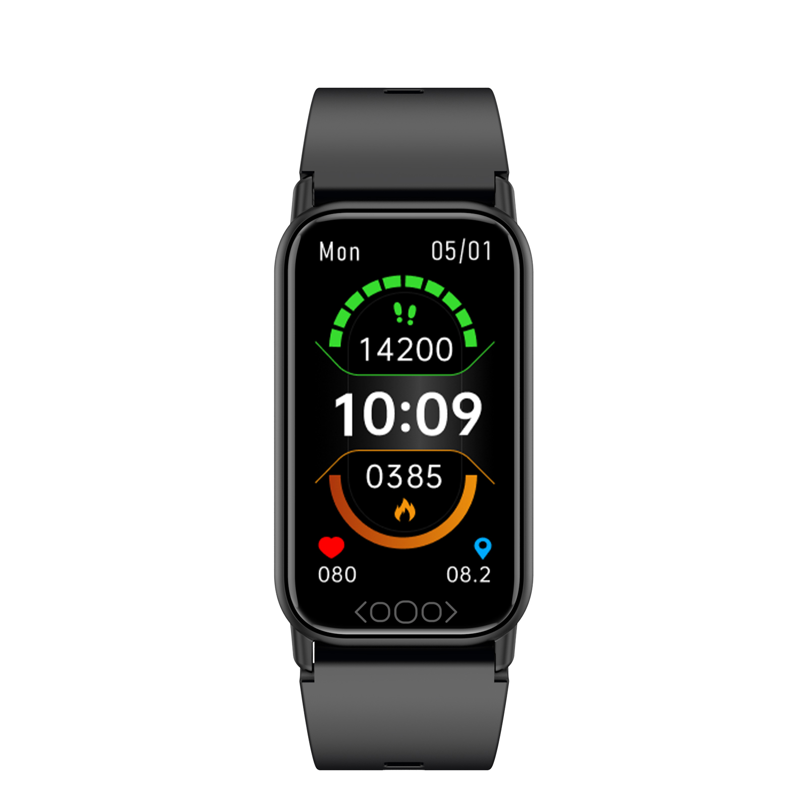 Eine schwarze Smartwatch zeigt Fitnessdaten an: Schritte, Herzfrequenz, Uhrzeit. Sie hat schwarze Armbänder.