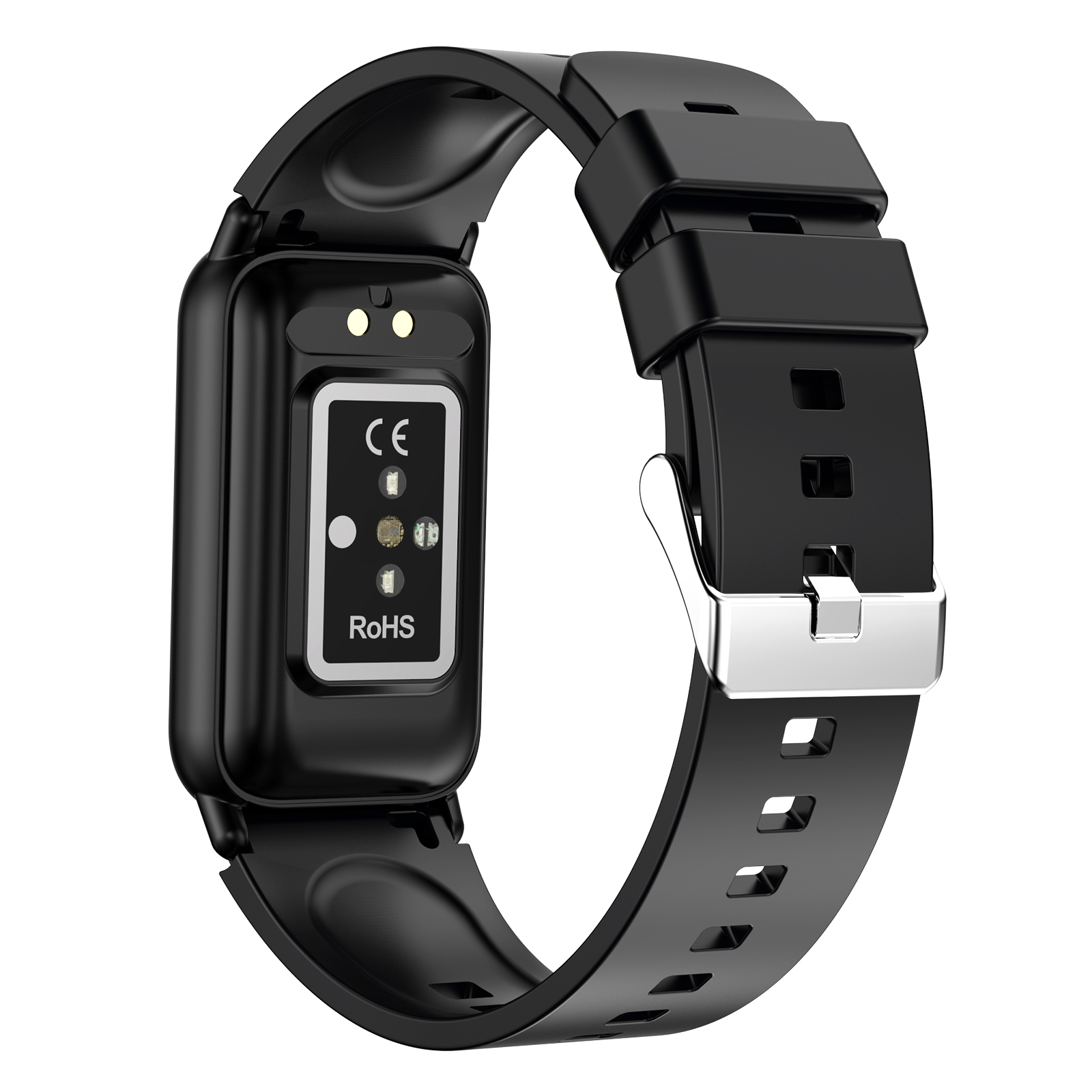 Eine schwarze Smartwatch mit schwarzem Armband, Rückansicht.