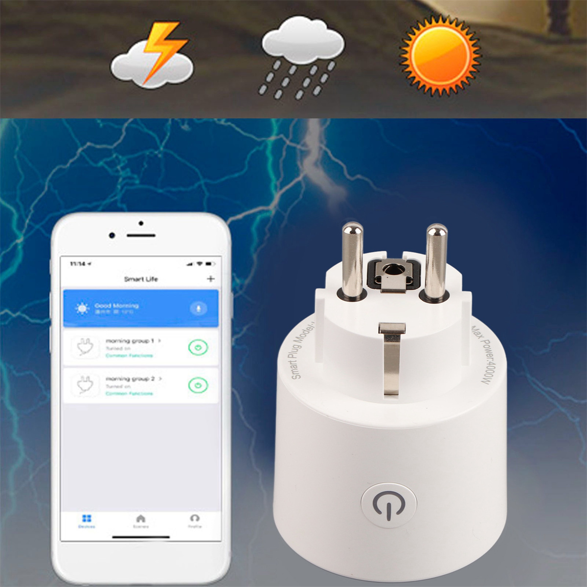 Intelligenter Stecker mit einem Telefon, das Smart-Home-Steuerungen und Wettersymbole zeigt.