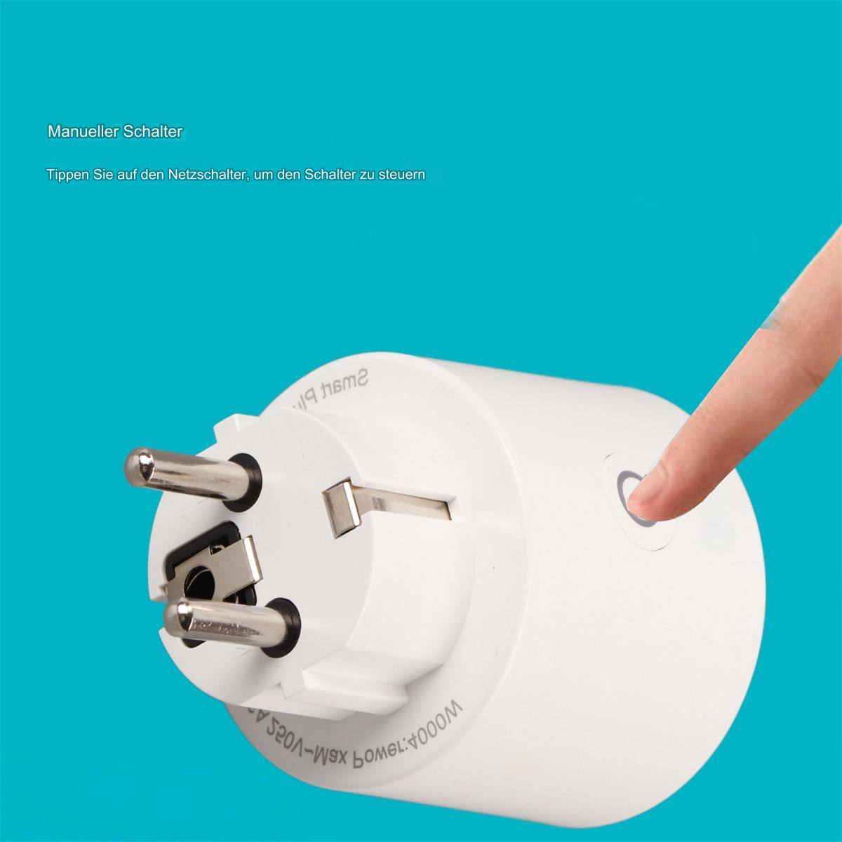 Eine Hand berührt einen Smart-Stecker. Der Hintergrund ist blau.
