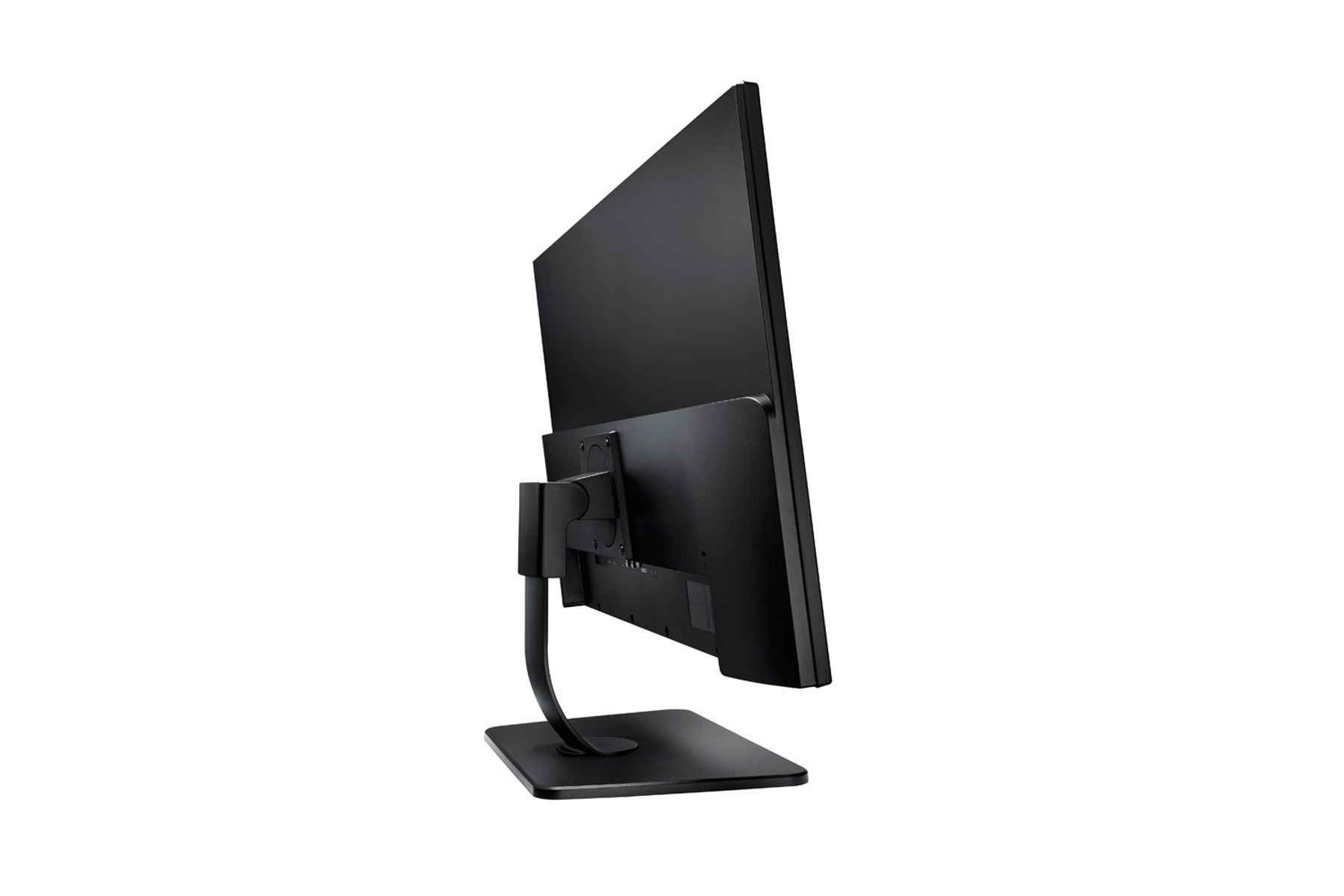 Un monitor per computer nero, visto di lato. Ha un supporto e un design elegante.