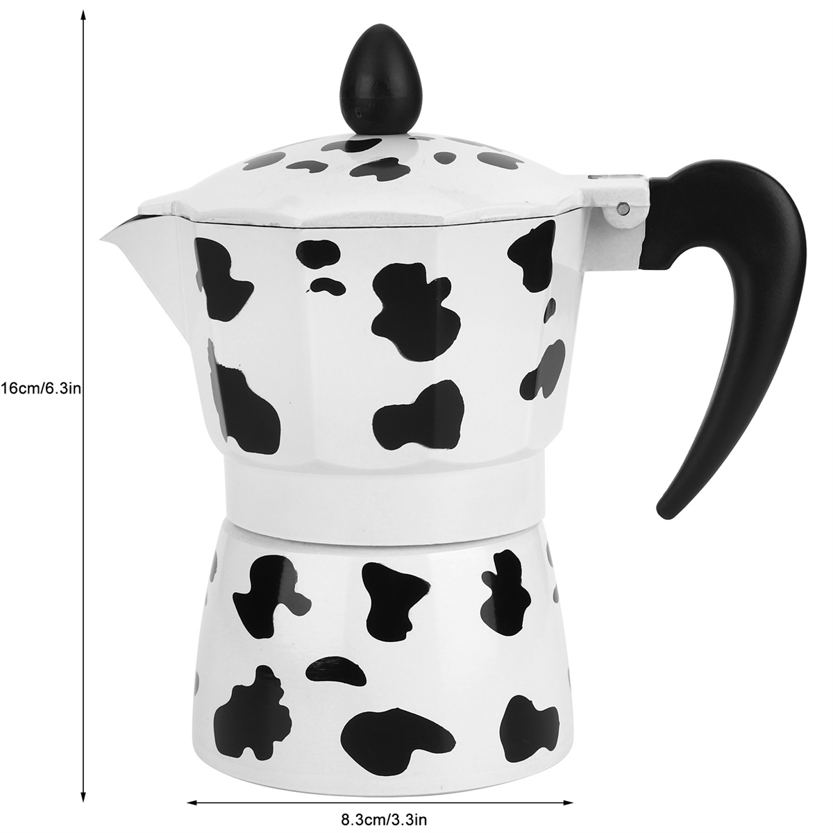 Weiß-schwarzer Kuh-Print-Kaffeekocher. Griff und Deckelknauf sind schwarz. Abmessungen sind angegeben.