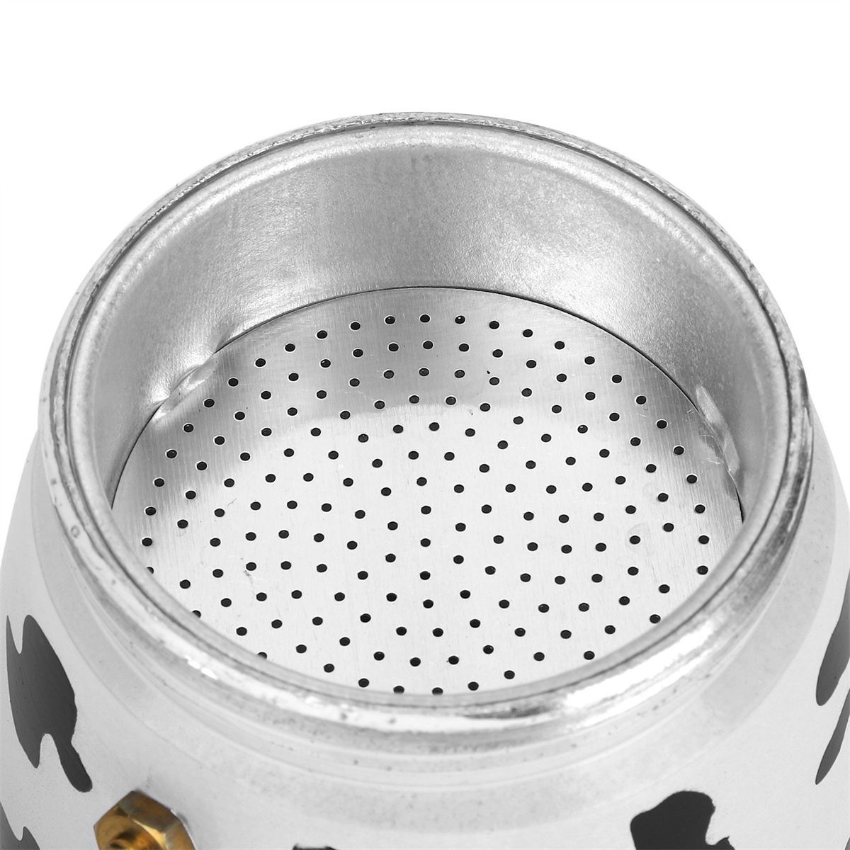 Draufsicht auf einen silber-schwarzen italienischen Kaffeezubereiter. Oberteil mit Löchern.