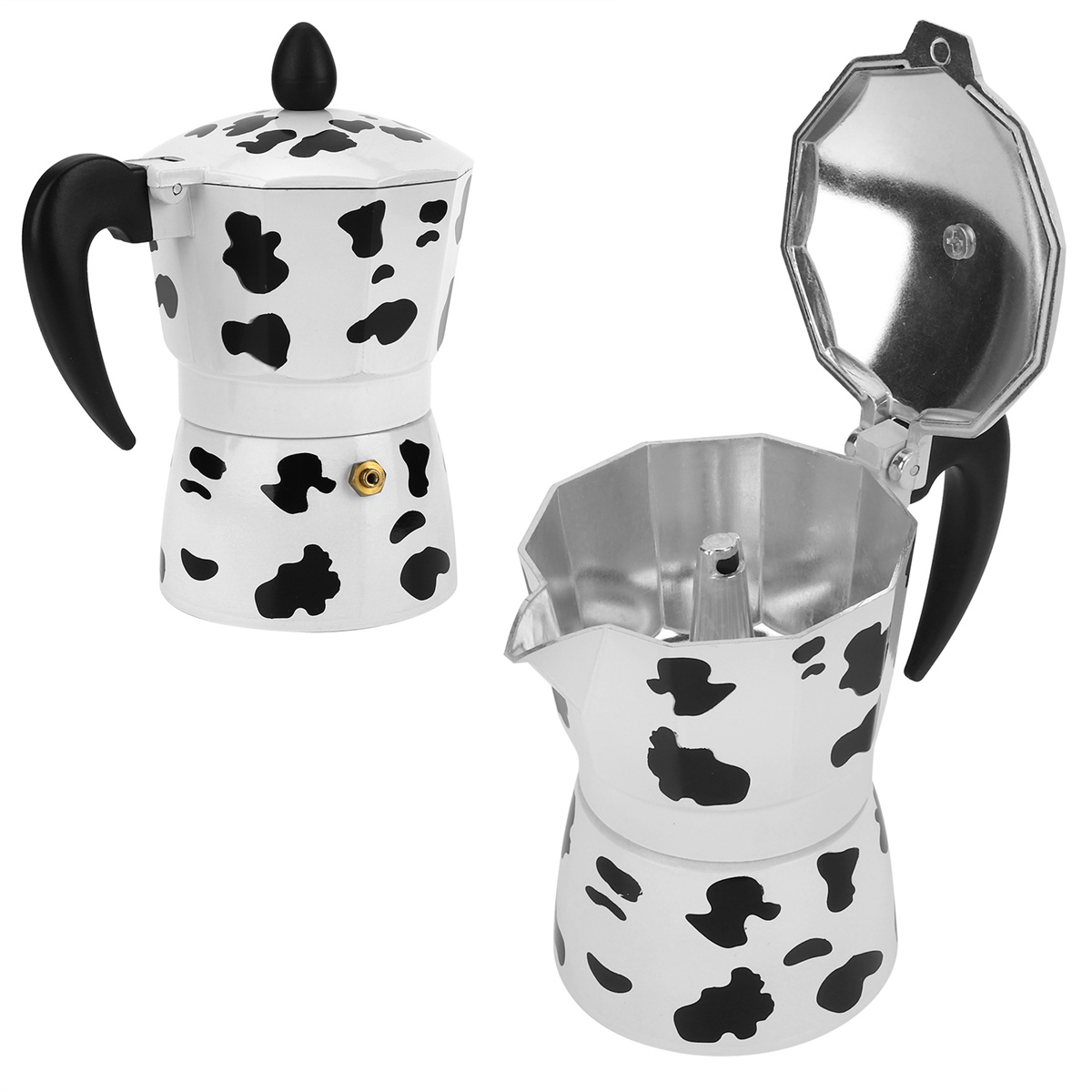 Zwei schwarz-weiß karierte Kaffeekannen, eine davon offen, auf weißem Hintergrund.