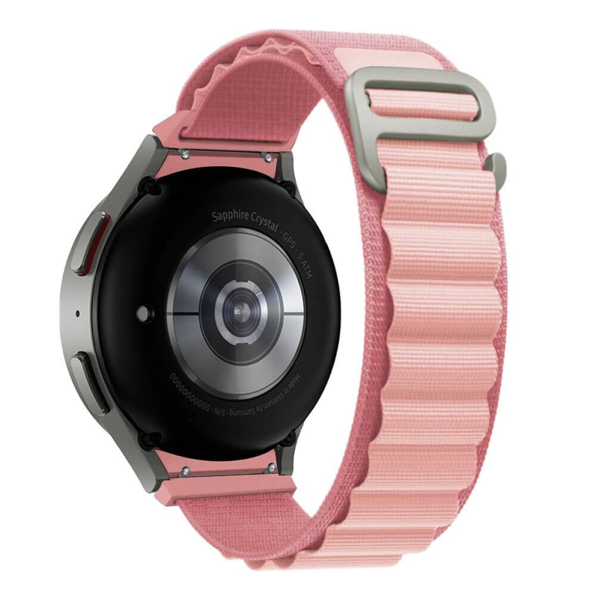 Schwarze und rosa Smartwatch mit rosa Armband. Weißer Hintergrund.