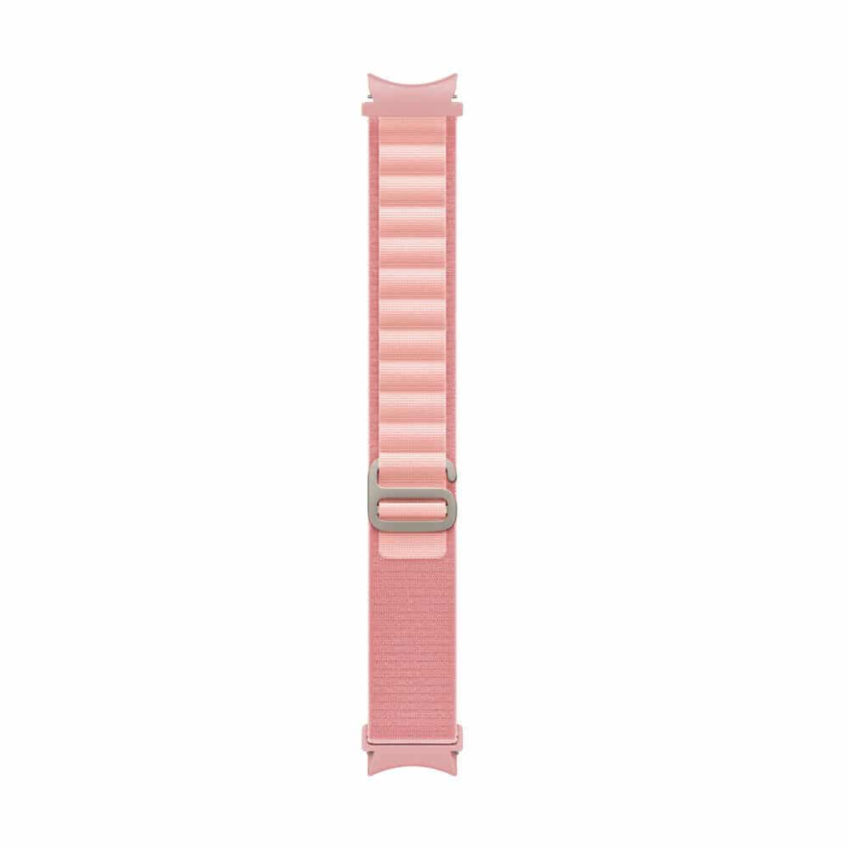 Ein rosa Uhrenarmband. Es hat ein strukturiertes Band und eine Metallschnalle.