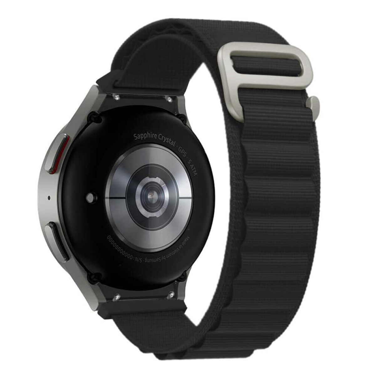 Silberne und schwarze Smartwatch mit schwarzem Armband. Die Rückseite der Uhr ist sichtbar.