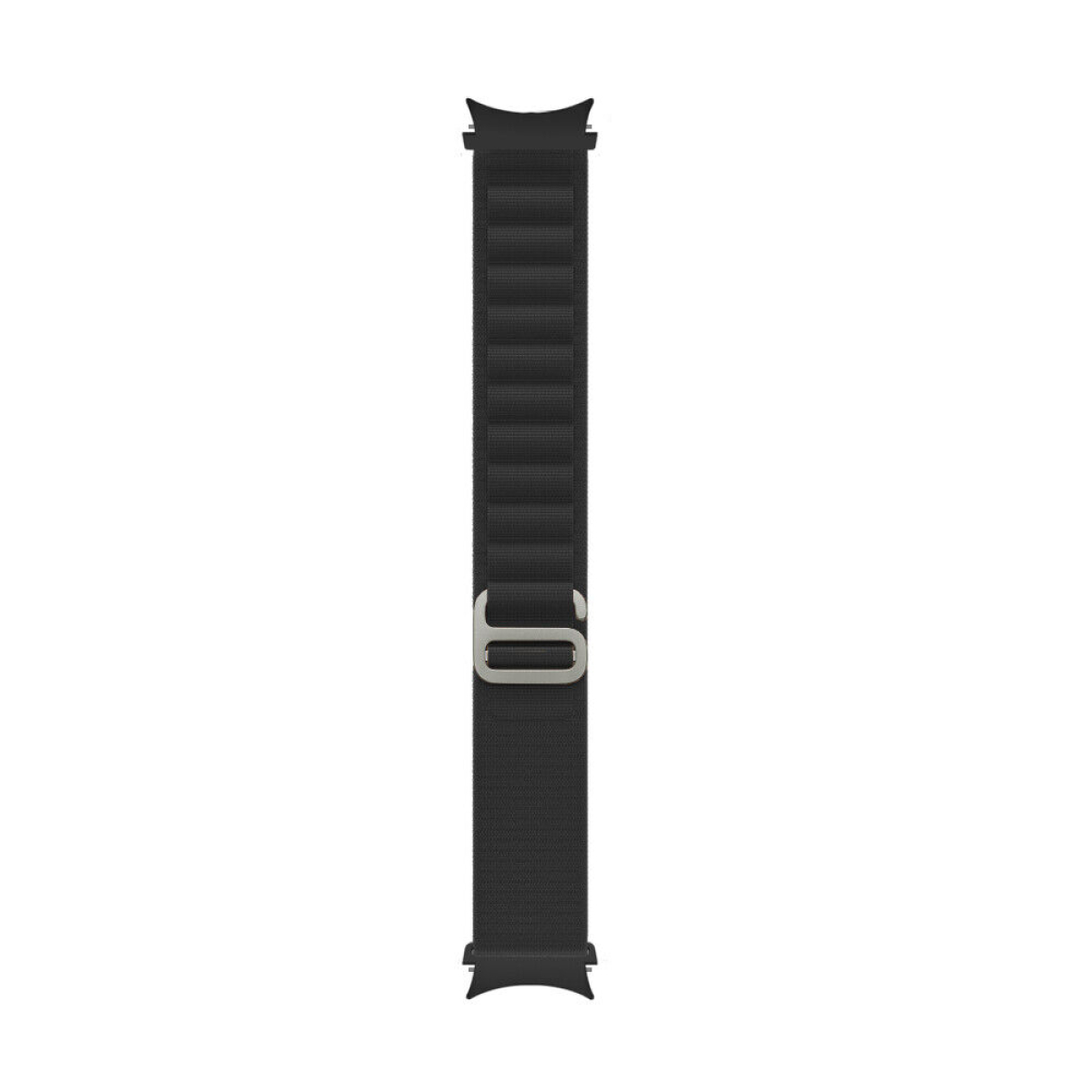 Schwarzes Uhrenarmband mit silberner Schnalle. Das Band ist strukturiert und hat eine Schlaufe.
